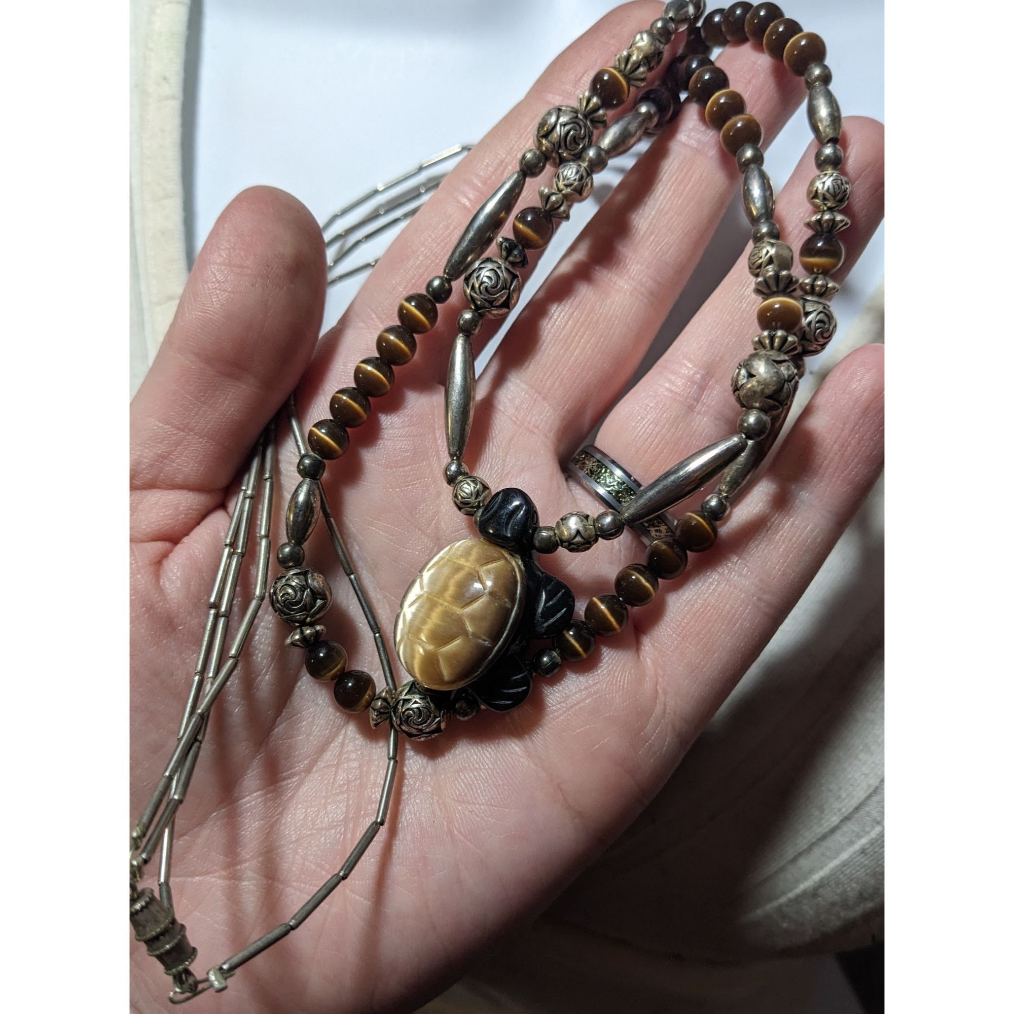 Other Vintage Liquid Silver Brown Cateye Beaded Multilayer Carved Size ONE SIZE - 12 Thumbnail