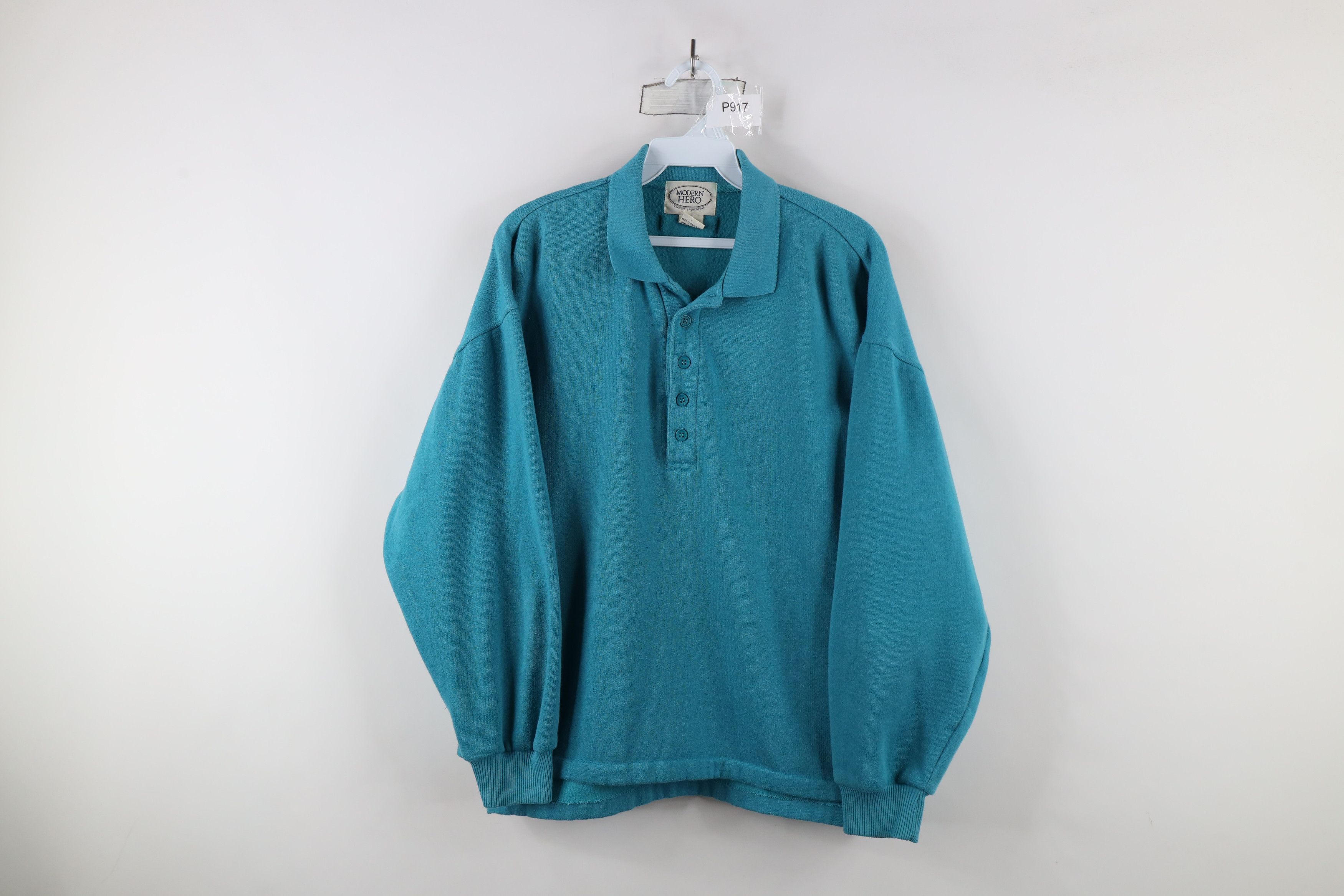 Vintage Vintage 90s Streetwear Boxy Fit Collared Sweatshirt Teal Size US L / EU 52-54 / 3 - 1 Thumbnail