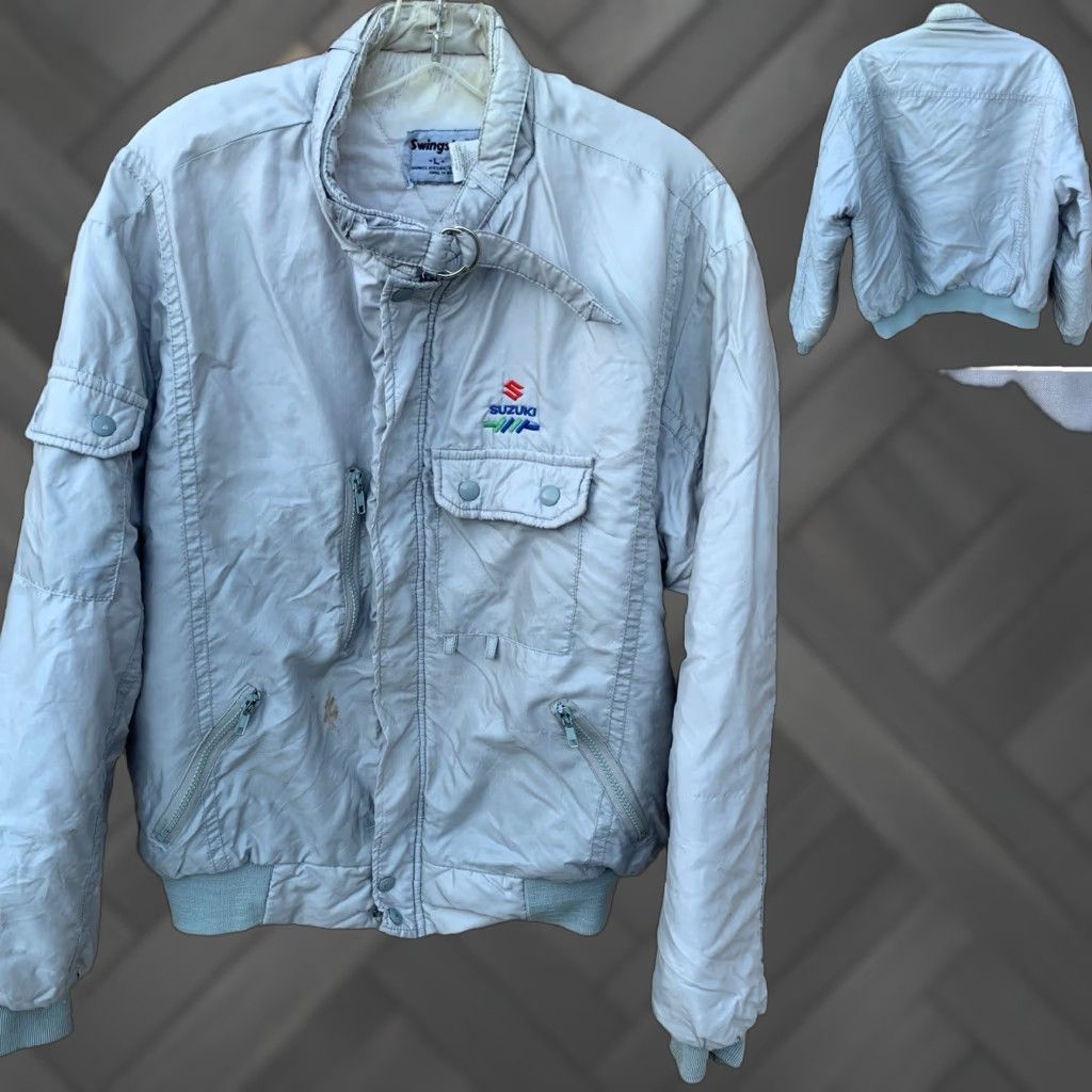 Vintage VINTAGE Swingster Jacket Motorcycle Jacket Mens L Gray Distressed Thrashed Distressed Racing Embroidered Logo Full Zip Notions As-Is Size US L / EU 52-54 / 3 - 1 Thumbnail