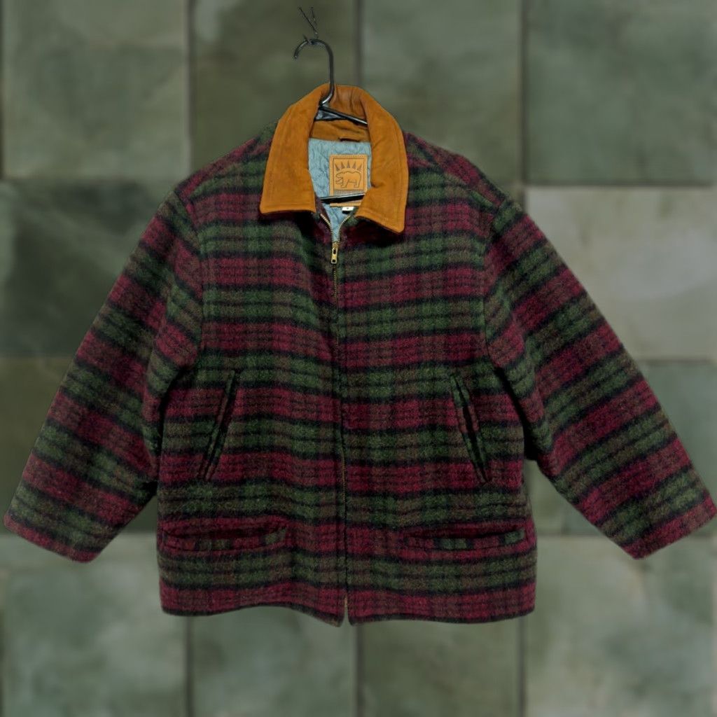 VINTAGE Golden Bear Wool Plaid Trucker Jacket Leather Collar Made in USA Men's Size S