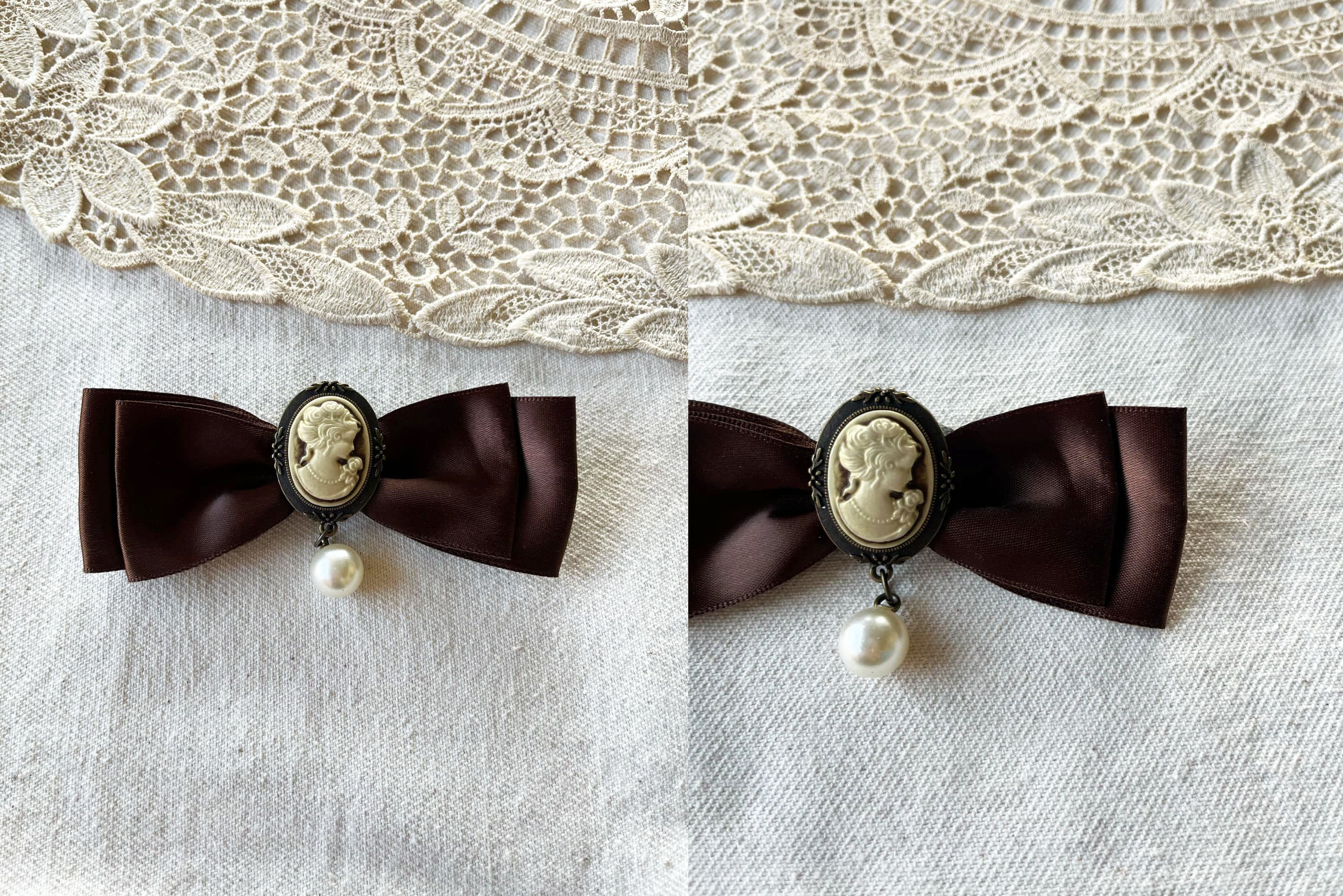 Vintage Brown Satin Ribbon Brooch With Cameo and dangling pearl Size ONE SIZE - 6 Thumbnail
