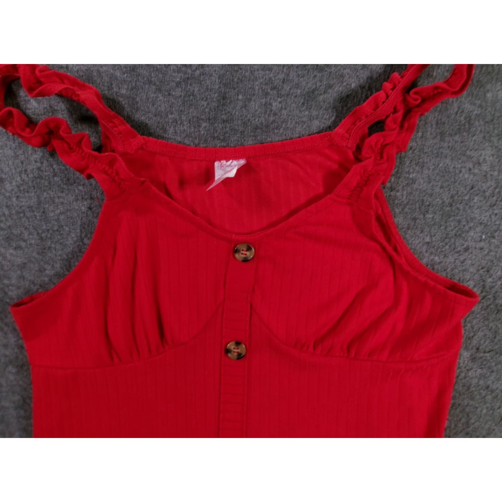 Vintage No Boundaries Womens Tank Cami 2XL Red Ribbed Button Front Ruffle Straps Stretch Size XXL / US 16-18 / IT 52-54 - 2 Thumbnail