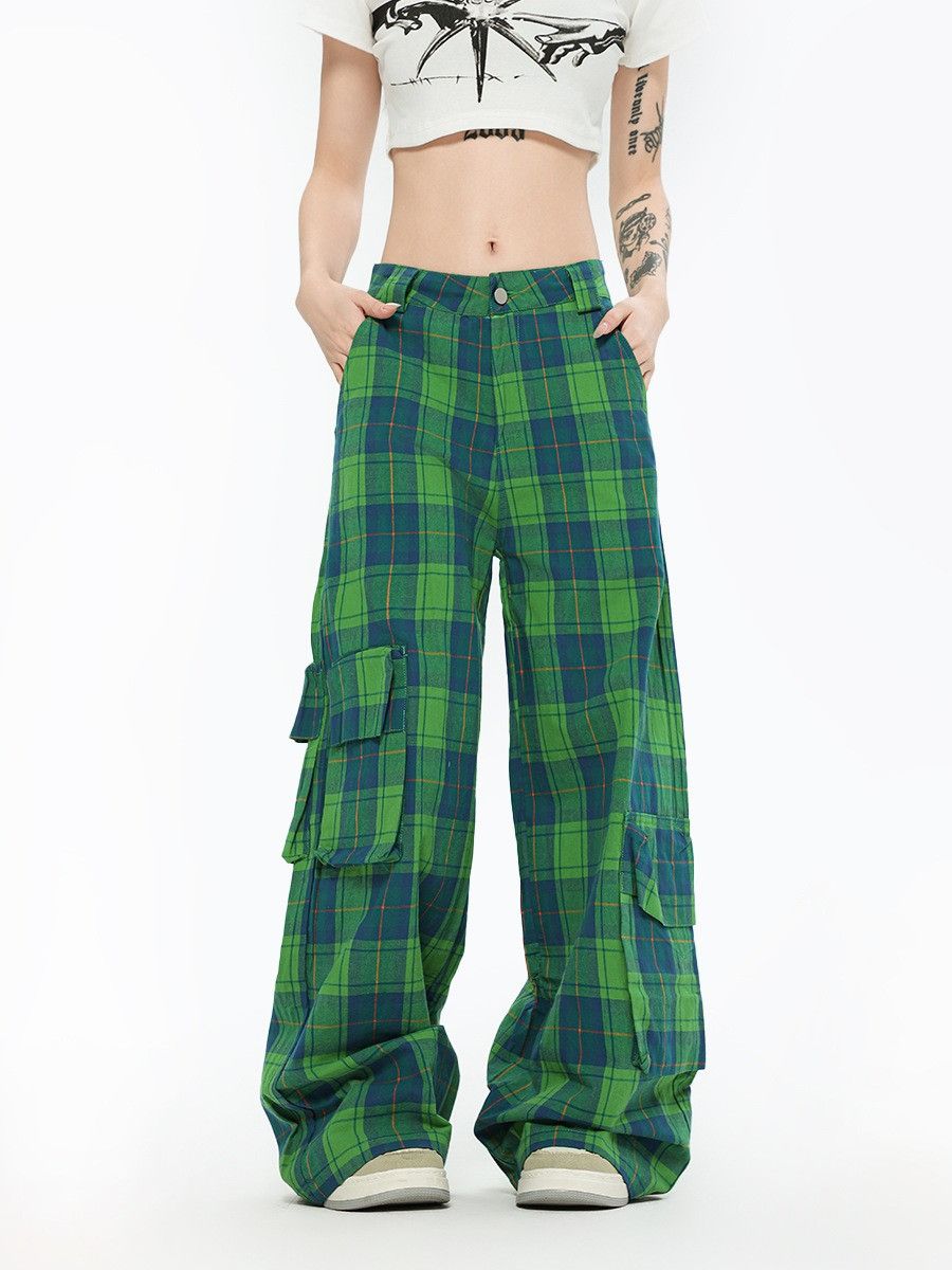 image of Plaid Baggy Wide Leg Pants in Green, Women's (Size 27)