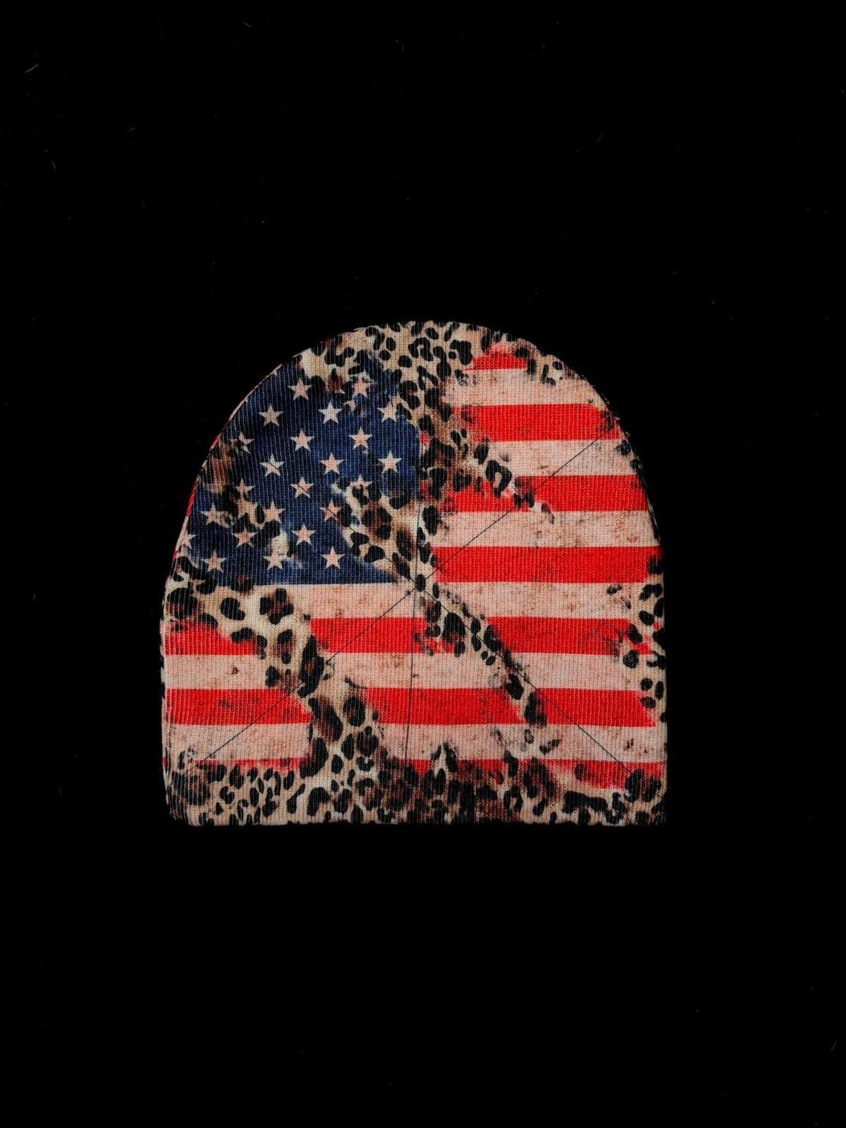 Japanese Brand Y2K Sick Cheetah Print USA Flag No Cuff Knit Beanie Hat OS Size ONE SIZE - 6 Thumbnail