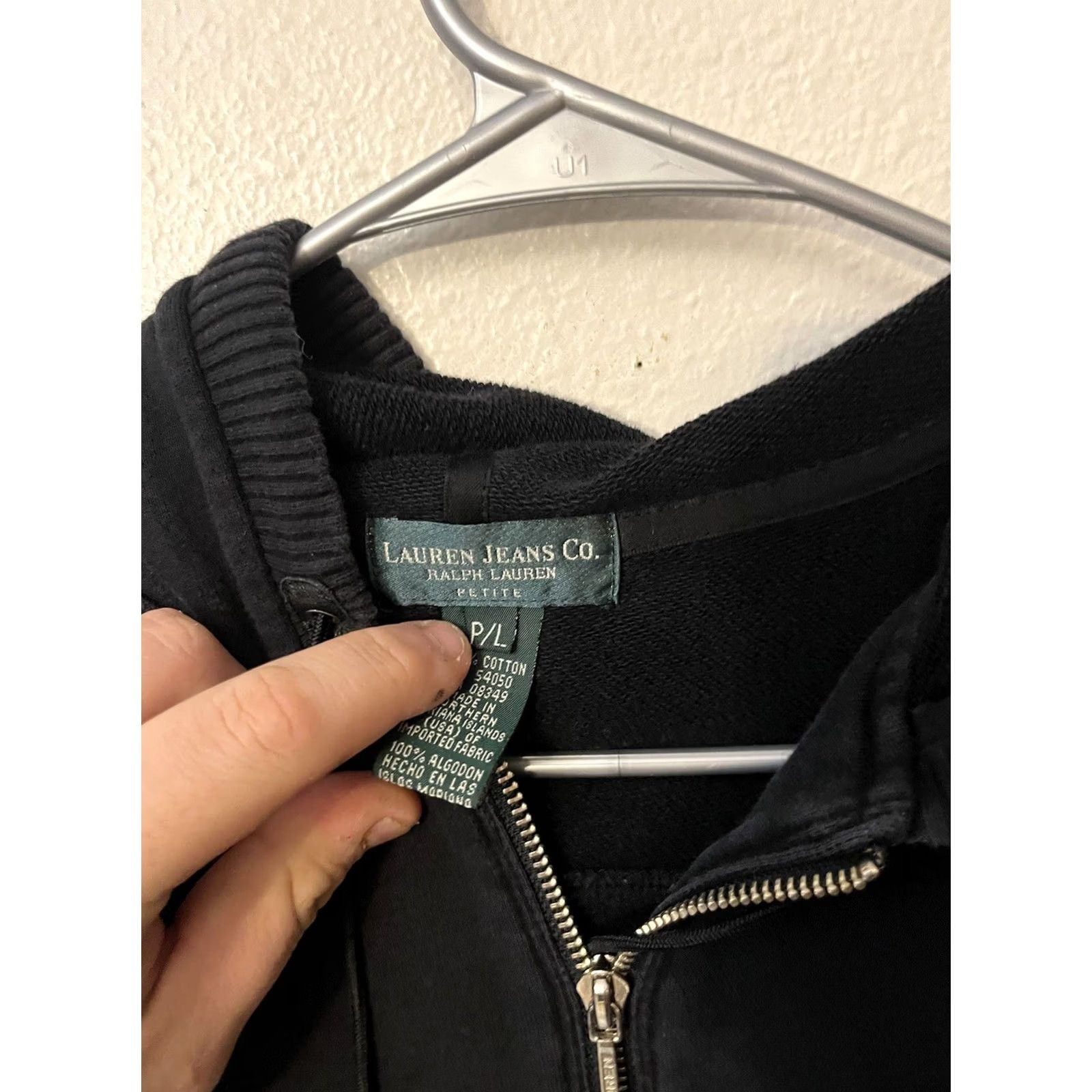 Ralph Lauren RALPH LAUREN Hoodie Women's Large Petite Black Hooded Stretch Logo Full Zip Size L / US 10 / IT 46 - 3 Thumbnail