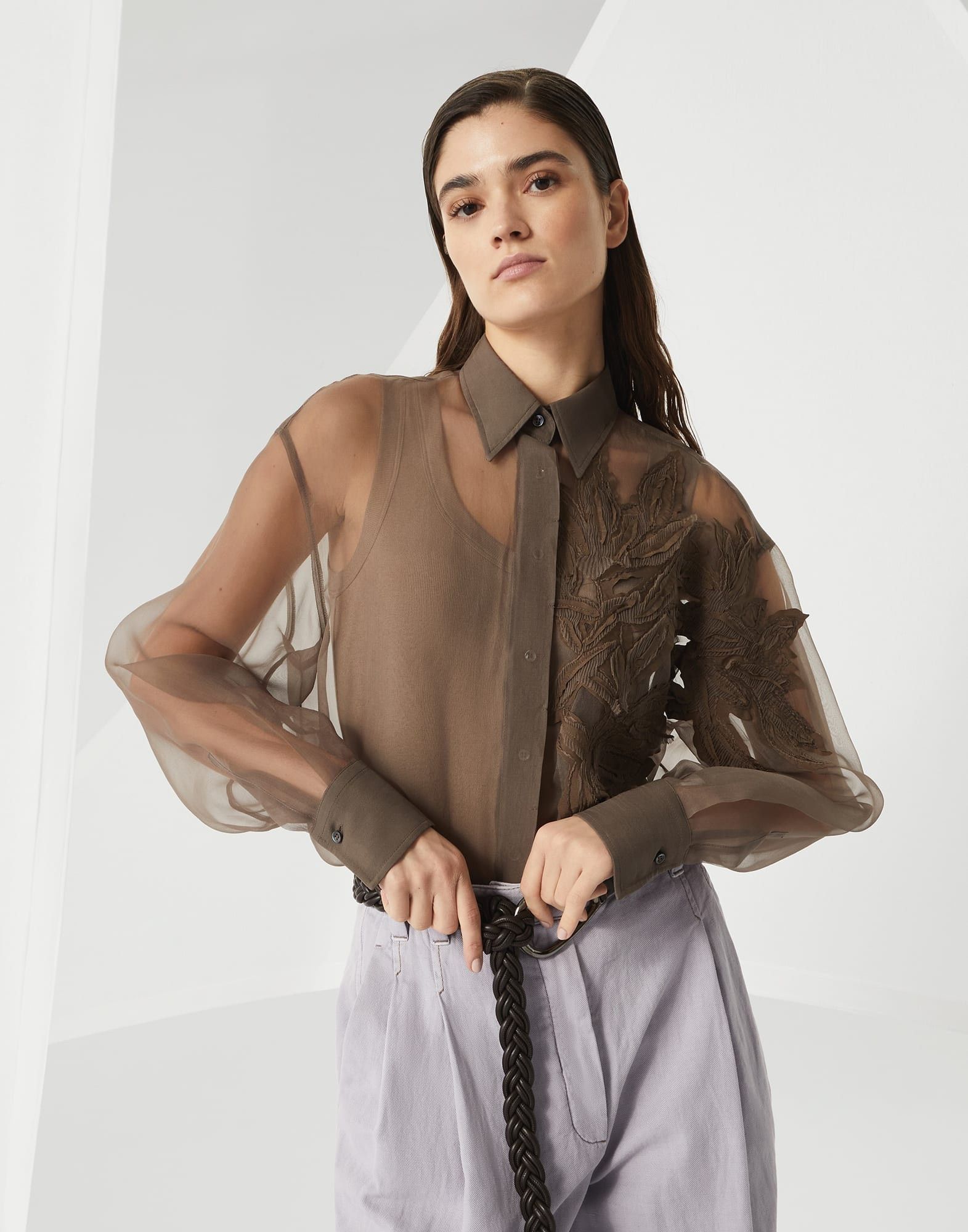 Brunello Cucinelli o1la1rc1a0326 Crispy Silk Shirt in Brown Size XL / US 12-14 / IT 48-50 - 4 Thumbnail