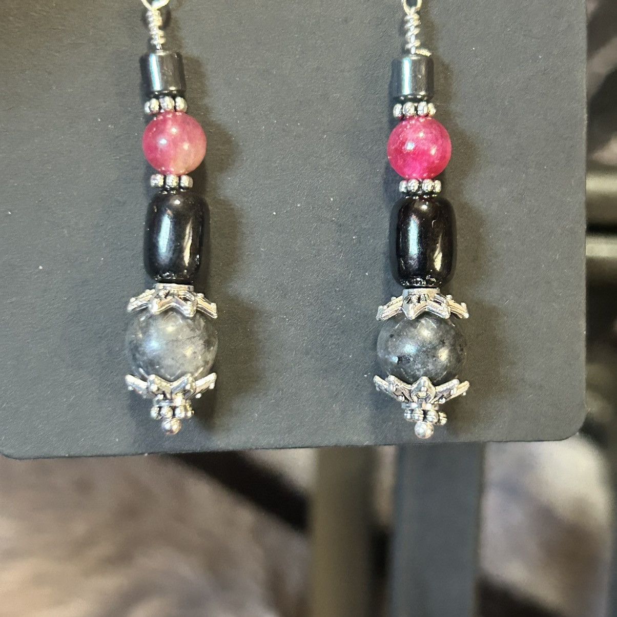 Handmade Handcrafted genuine larvikite elbaite cat eye glass earrings Size ONE SIZE - 3 Thumbnail