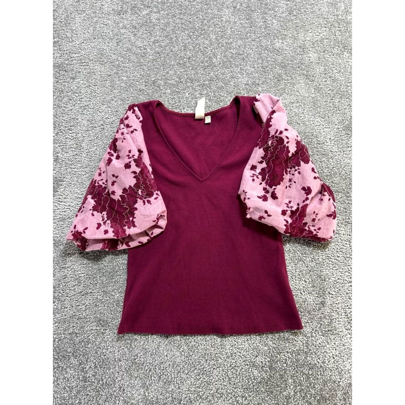 Vintage Dolan Blouse Womens Small Purple Cotton Ribbed Knit Puff Sleeve V Neck Top Size S / US 4 / IT 40 - 2 Thumbnail