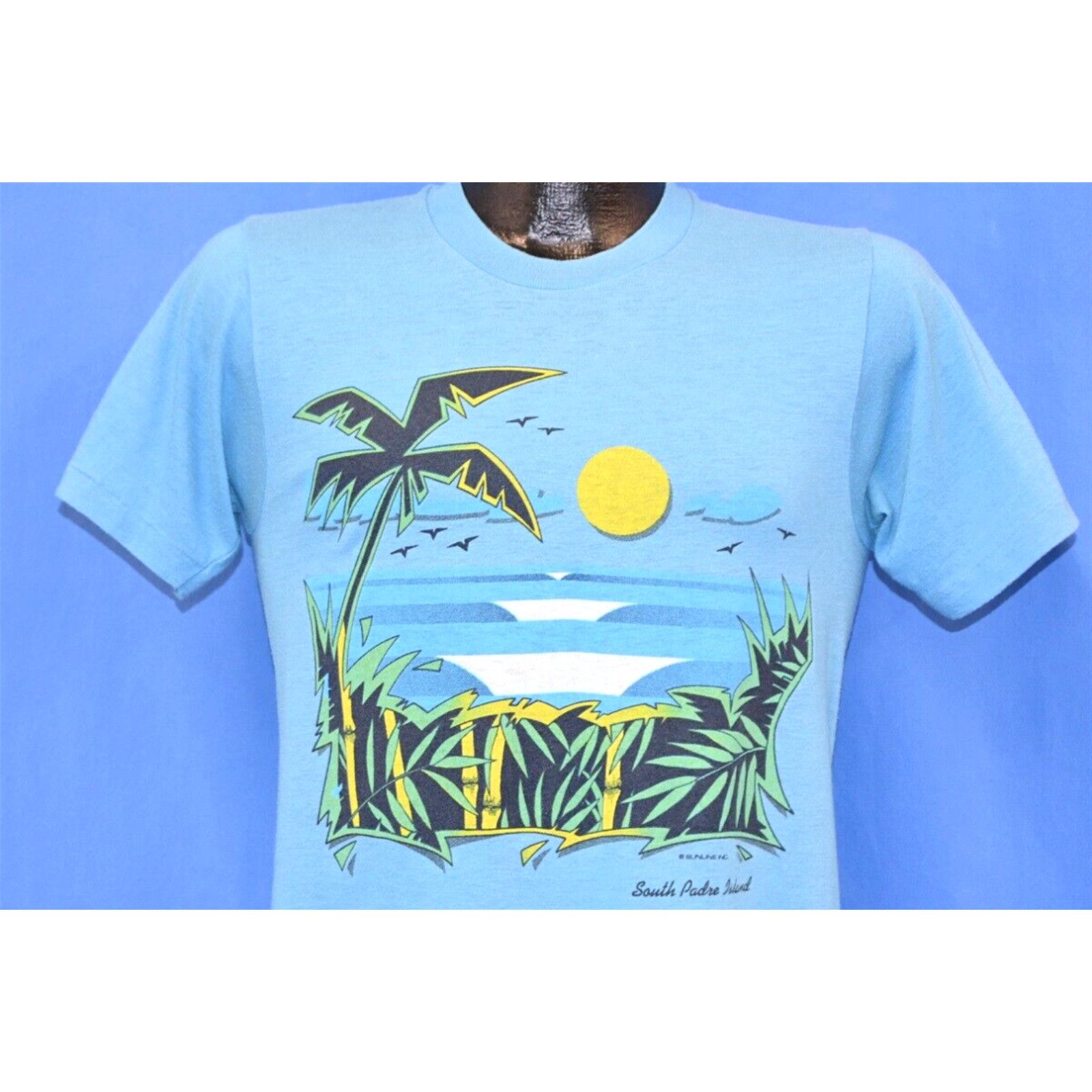 Image of Vintage 80's South Padre Island Texas Seashore Scenic Beach Palm T-Shirt Small S in White, Men's