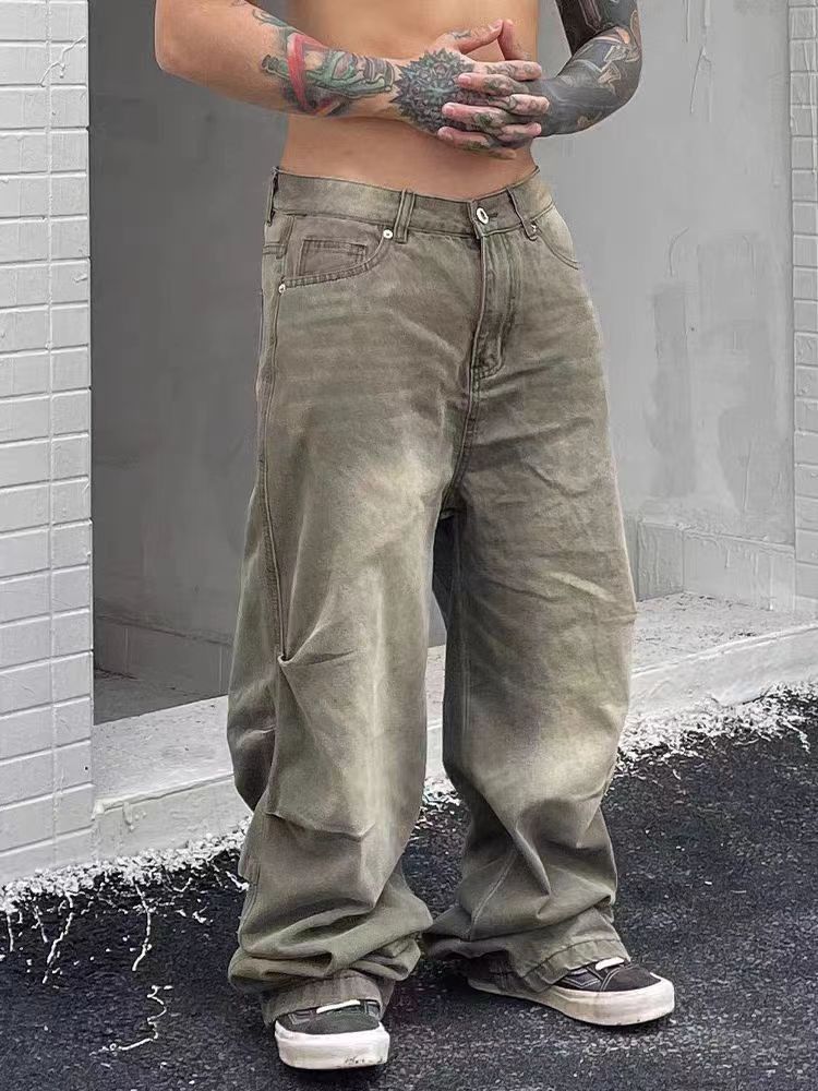 image of Faded Washed Loose Straight-Leg Wide-Leg Jeans in Light Brown, Men's (Size 31)