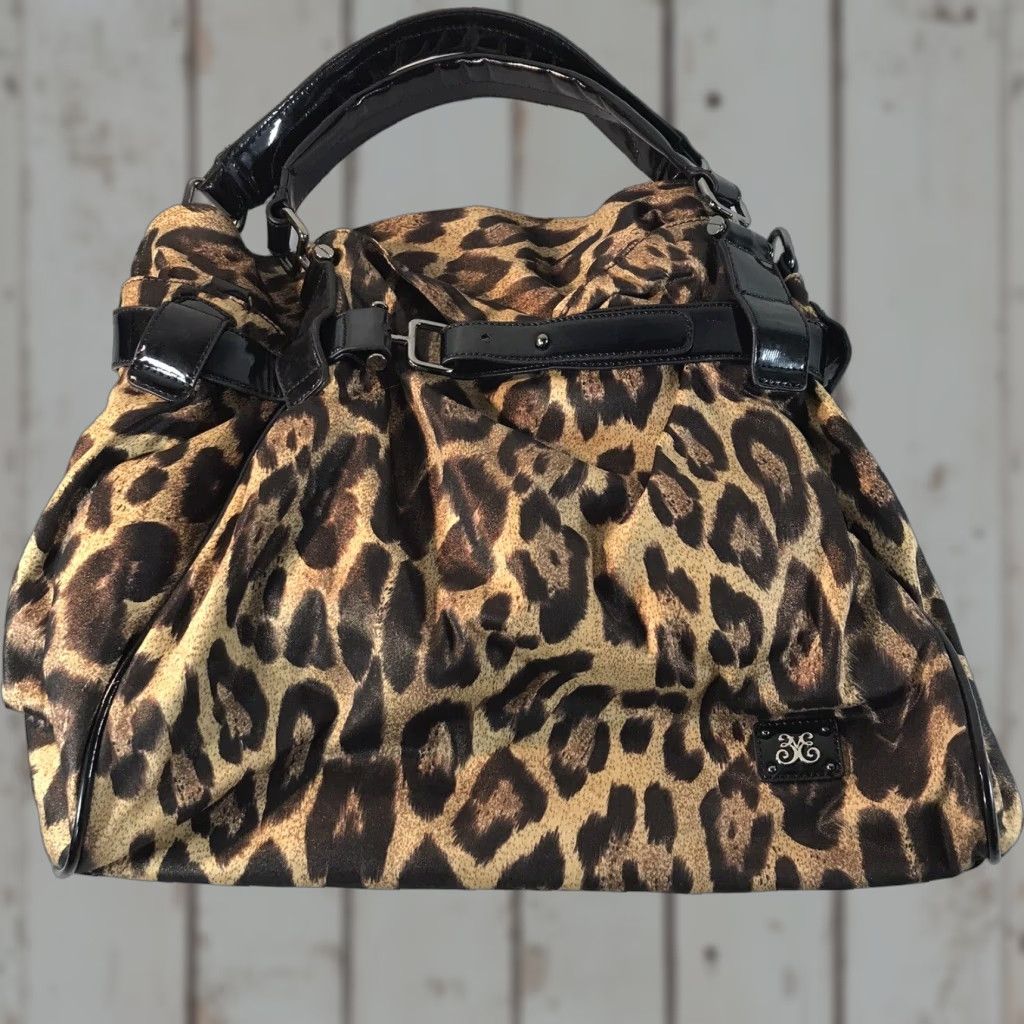 Vintage Vieta Animal Print Fabric Satchel Bag Women's Large Casual Business Travel Black Patent Leather Handles Size ONE SIZE - 1 Thumbnail
