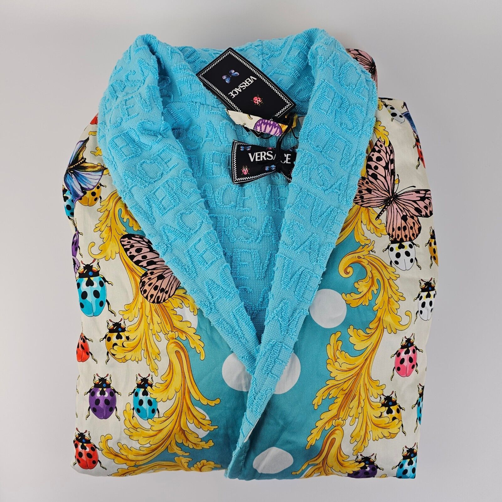 Versace VERSACE Butterflies Baroque Azur Blue Long Bathrobe Size US L / EU 52-54 / 3 - 3 Thumbnail