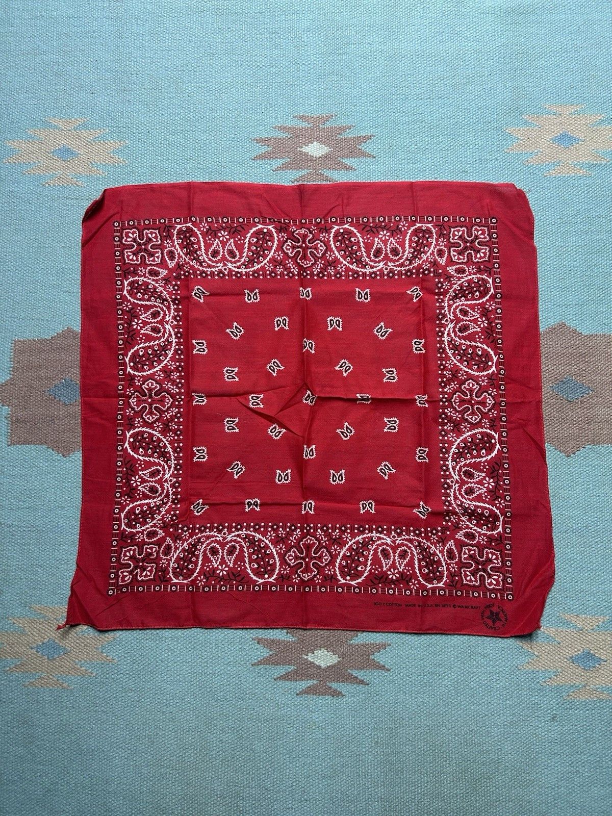 Vintage Vtg wamcraft bandana handkerchief paisley geometric work USA Size ONE SIZE - 1 Thumbnail