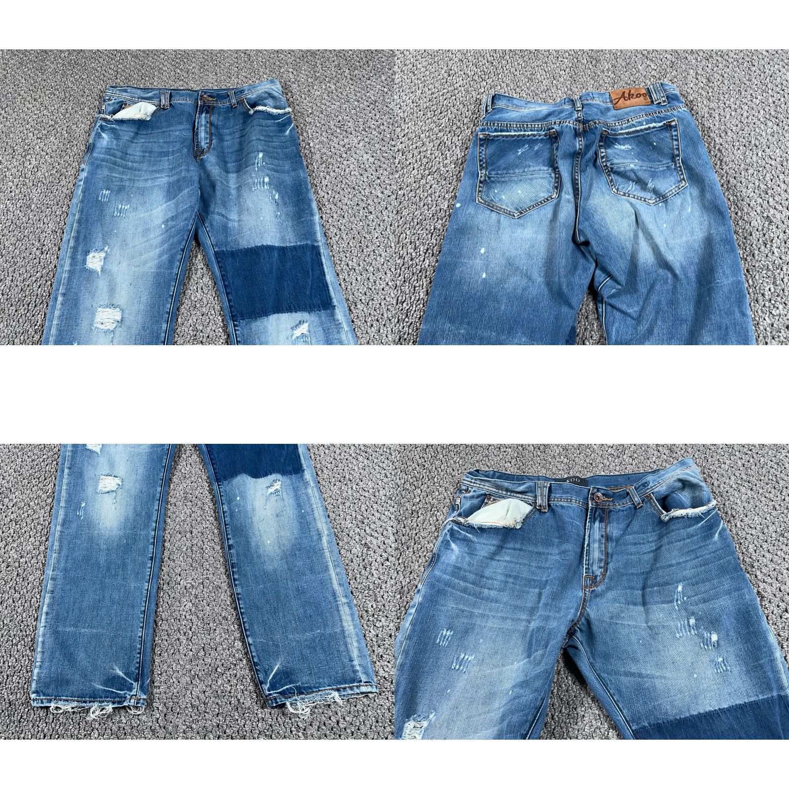 Vintage VINTAGE AKOO Patchwork Distressed Jeans Men's 35 x 32 Blue Tapered Jeans Men Regular 90s Hip Hop Retro Size US 35 - 8 Thumbnail
