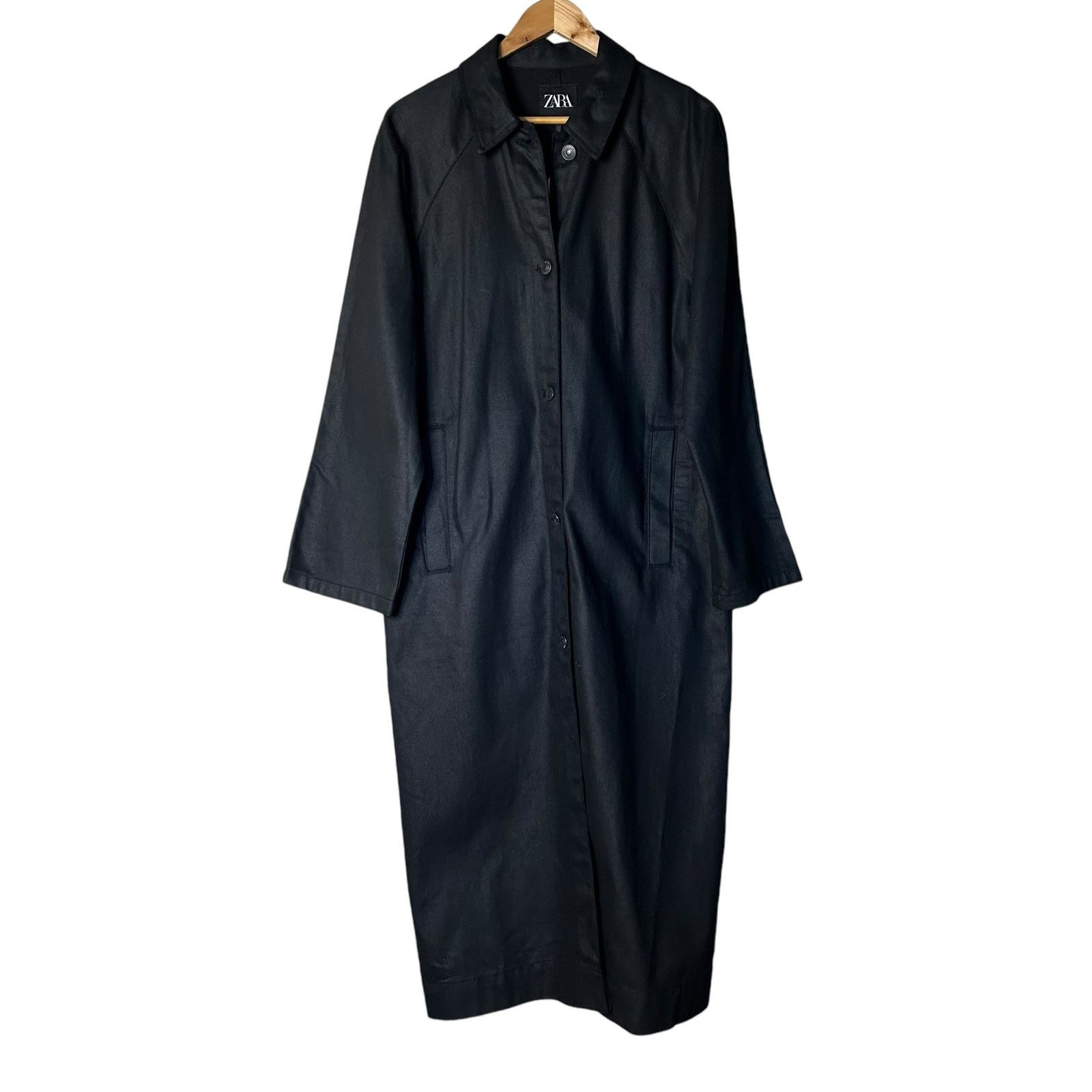 Zara NWT Coat Trench Black Coated Denim Oversized Goth Sz XS