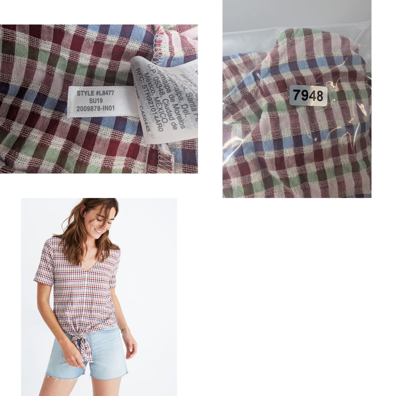 Madewell Madewell Blouse Shirt Short Sleeve V-Neck Tie Front Top Size S Multicolor Gingham Print 100% Cotton L8477 Size S / US 4 / IT 40 - 8 Thumbnail