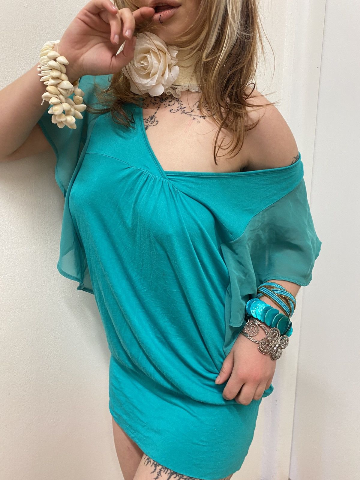 Vintage Teal loose off the shoulder mini dress with an open back Size M / US 6-8 / IT 42-44 - 2 Thumbnail