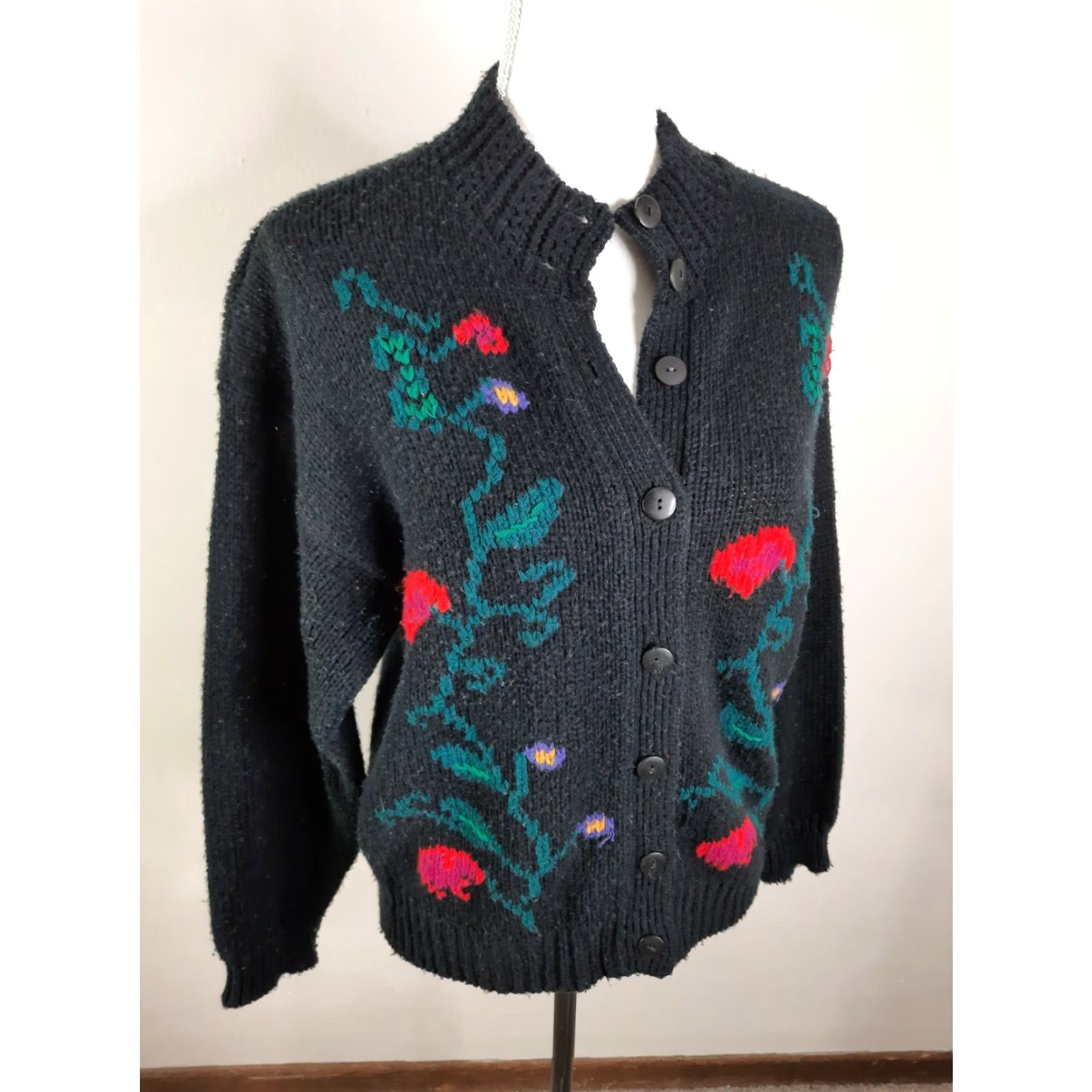 Vintage VINTAGE Erika Women Sweater Cardigan 80s 90s Black Floral Mock Neck S6C L Knit Womens Size L / US 10 / IT 46 - 4 Thumbnail