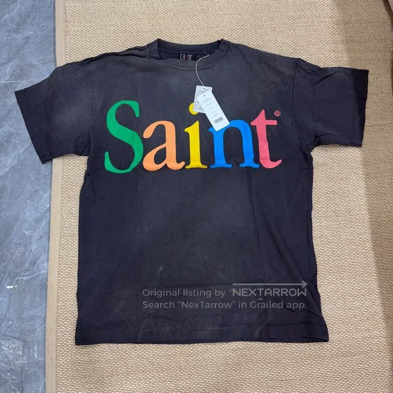 Saint Michael Rainbow logo washed and distressed black sho