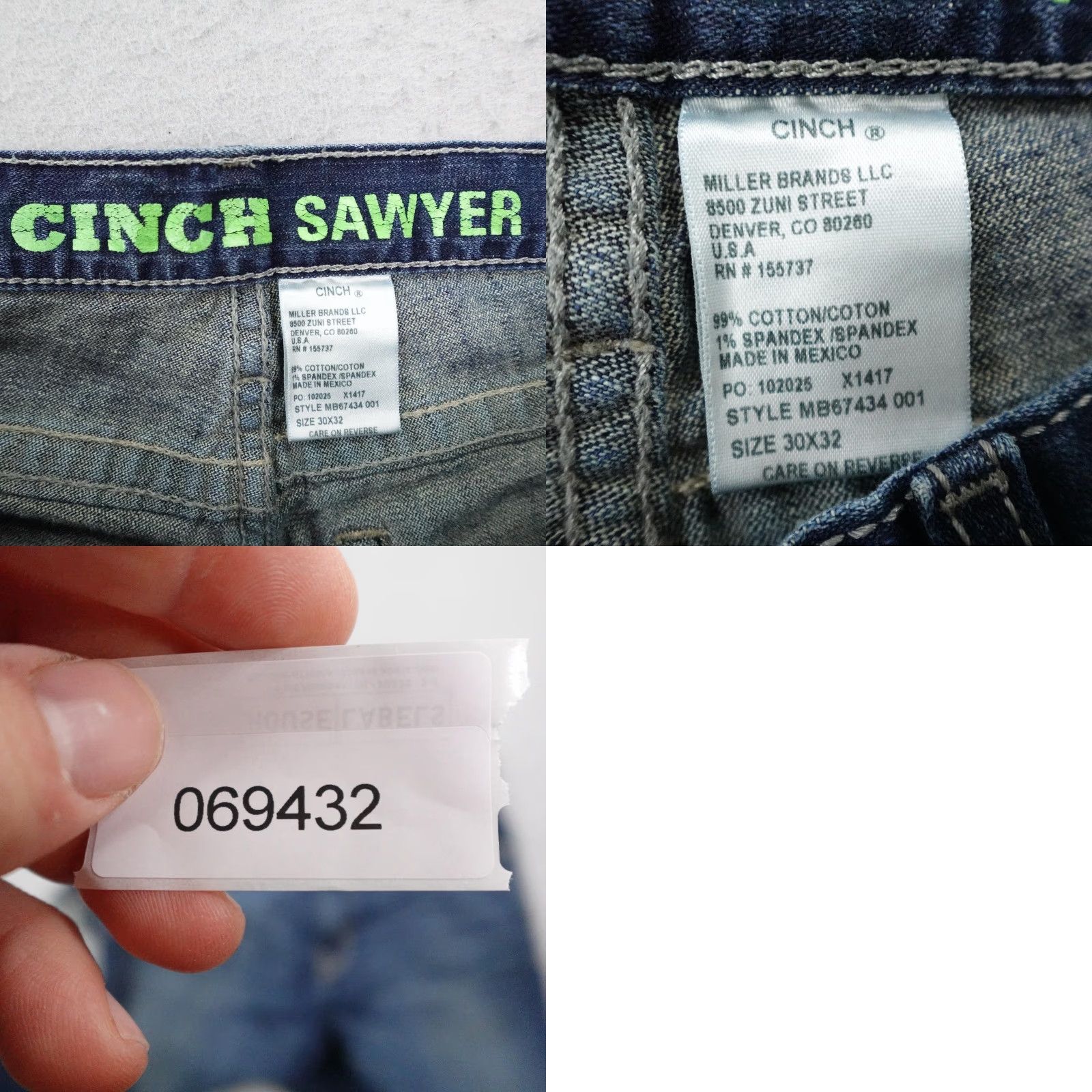 Denime Cinch Sawyer Jeans Mens 30x32 Blue Denim Straight 5-Pocket Western Whisker Faded Size US 30 / EU 46 - 10 Thumbnail