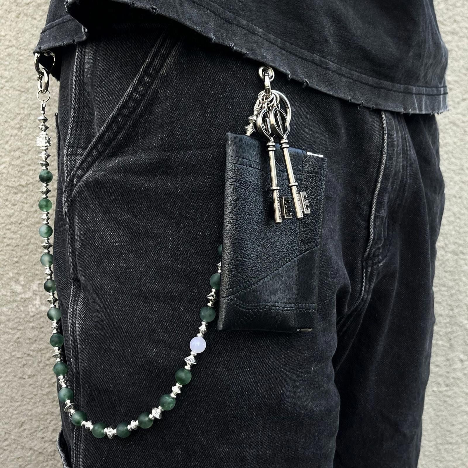 Jewelry Black Leather Wallet with Beaded Chain and Key Charm Size ONE SIZE - 1 Thumbnail