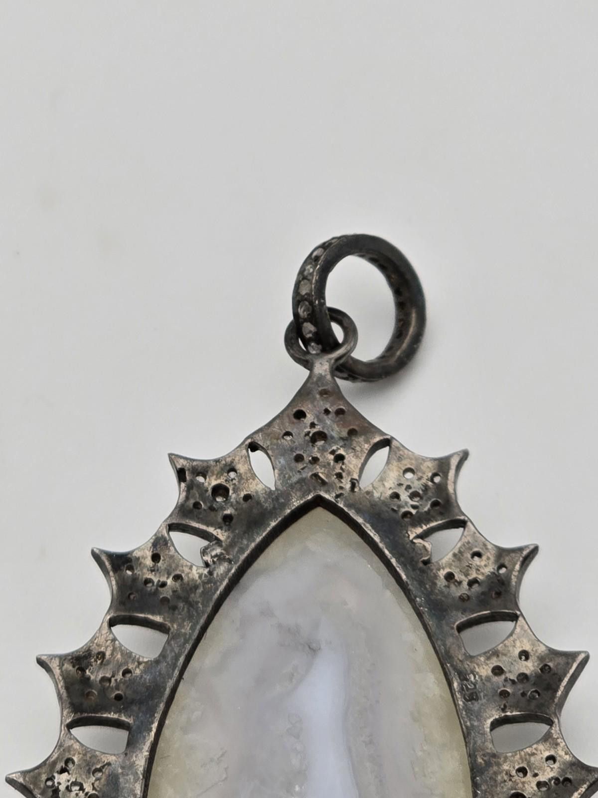 The Unbranded Brand Oxidized Sterling Silver Banded Agate Pendant w Diamonds Size ONE SIZE - 5 Thumbnail