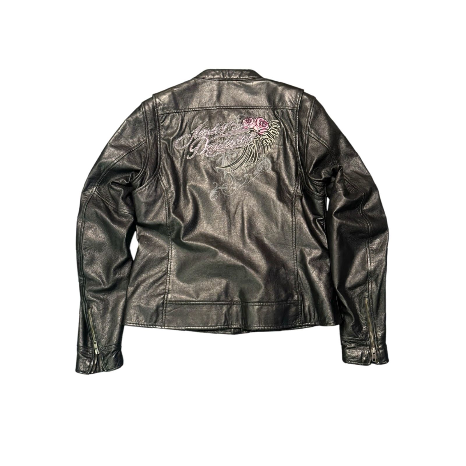 Harley Davidson VINTAGE Harley-Davidson Womens Biker Jacket Leather Rose Pink Size L Black Mid-Length Long Sleeve Regular Clean Embroidered Logo Size L / US 10 / IT 46 - 4 Thumbnail