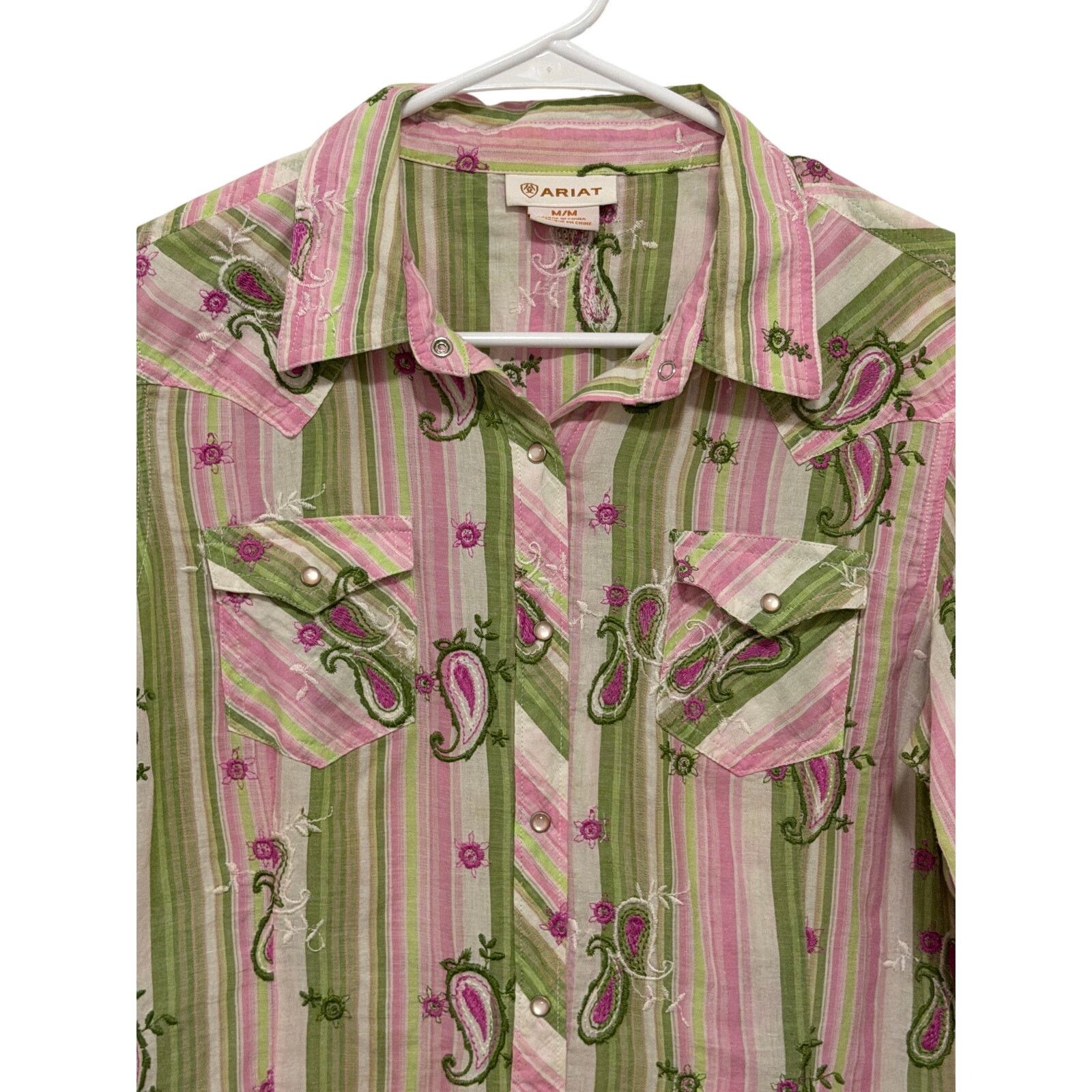 Ariat Ariat Pink Green Pearl Snap Long Sleeve Collar Paisley Shirt Size M / US 6-8 / IT 42-44 - 3 Thumbnail