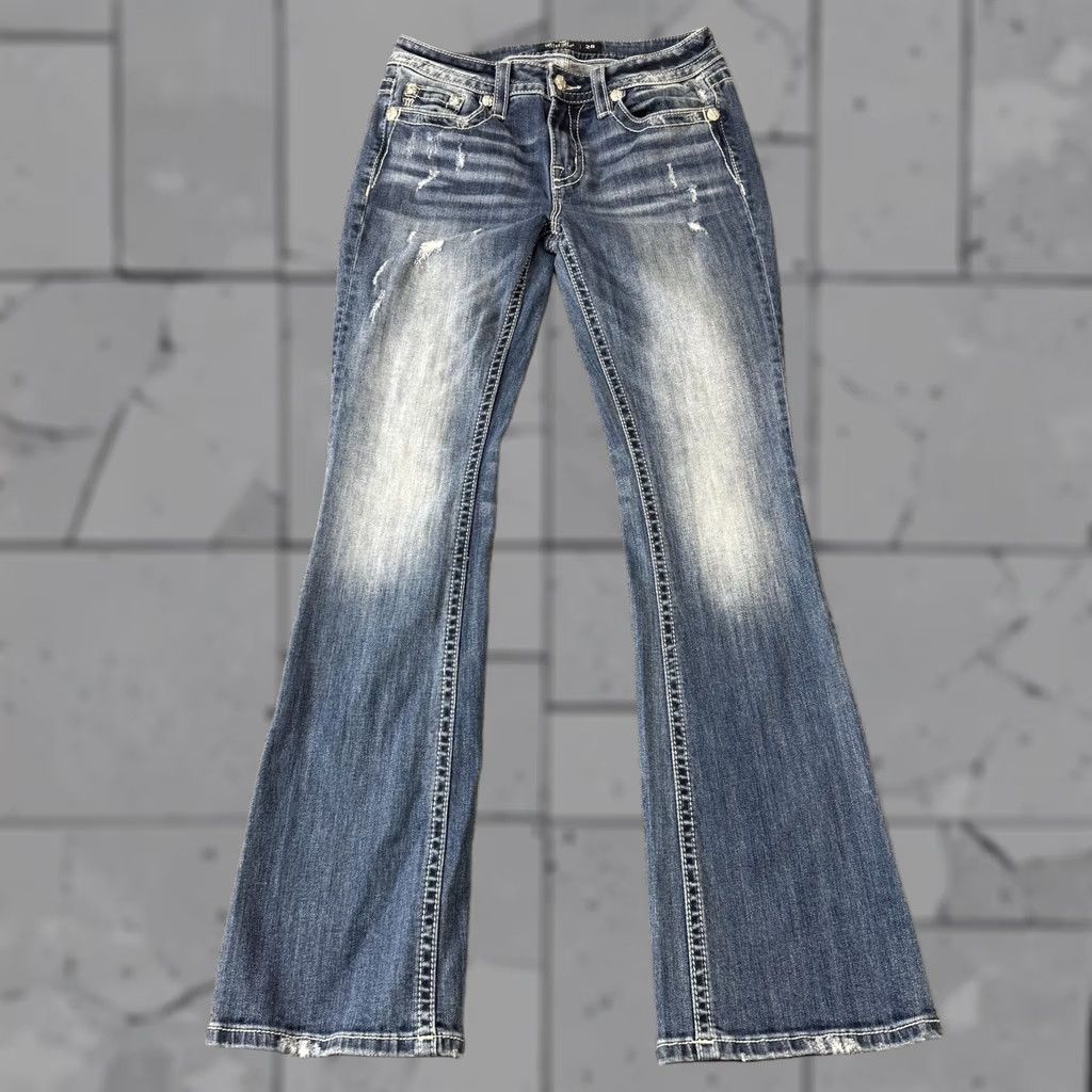 Miss Me Jeans Womens 28 Blue Mid Rise Bootcut Distressed Embroidered Pockets