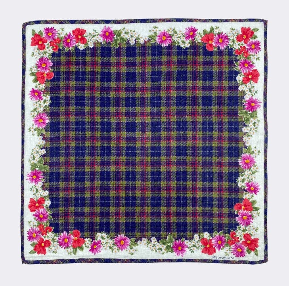 Vintage Vintage Yves Saint Laurent Floral Plaid Scarf Handkerchief Size ONE SIZE - 1 Thumbnail