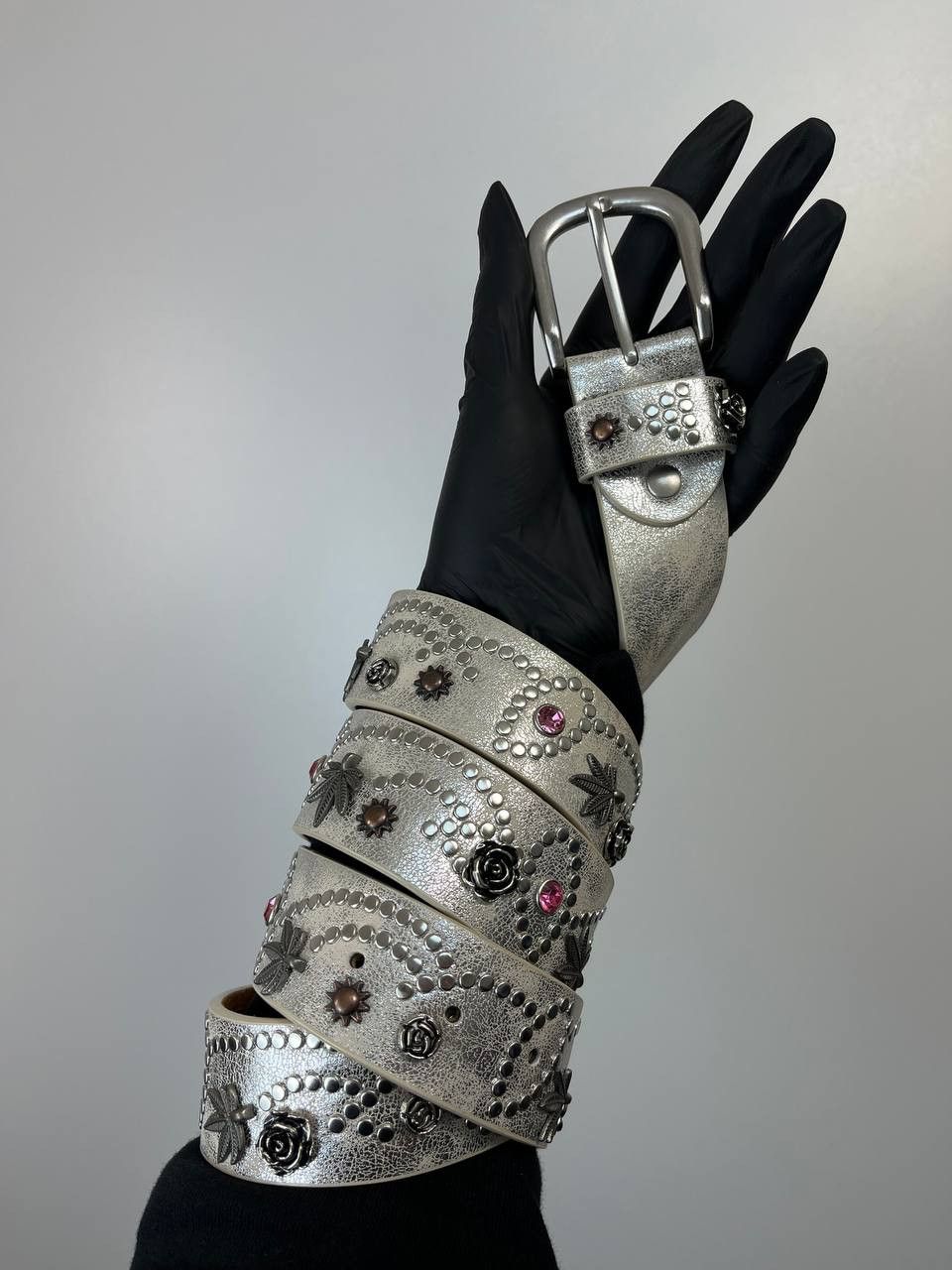 Other Vintage Studded Leather Belt Western Biker Floral Rhinestone Size ONE SIZE - 1 Thumbnail
