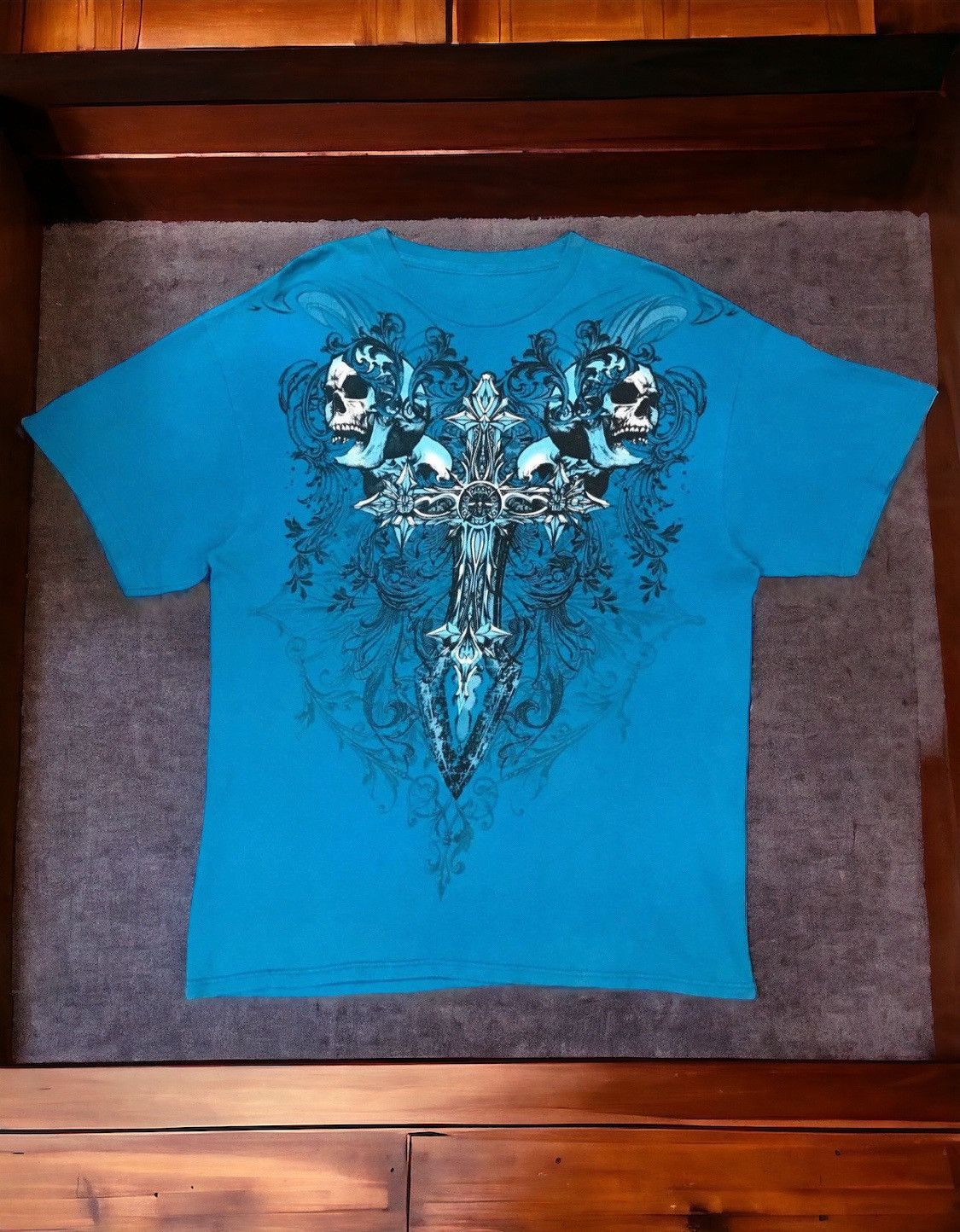 20471120 Japan Affliction Twin Skulls Cross Magical Sword Religion Size US L / EU 52-54 / 3 - 1 Thumbnail