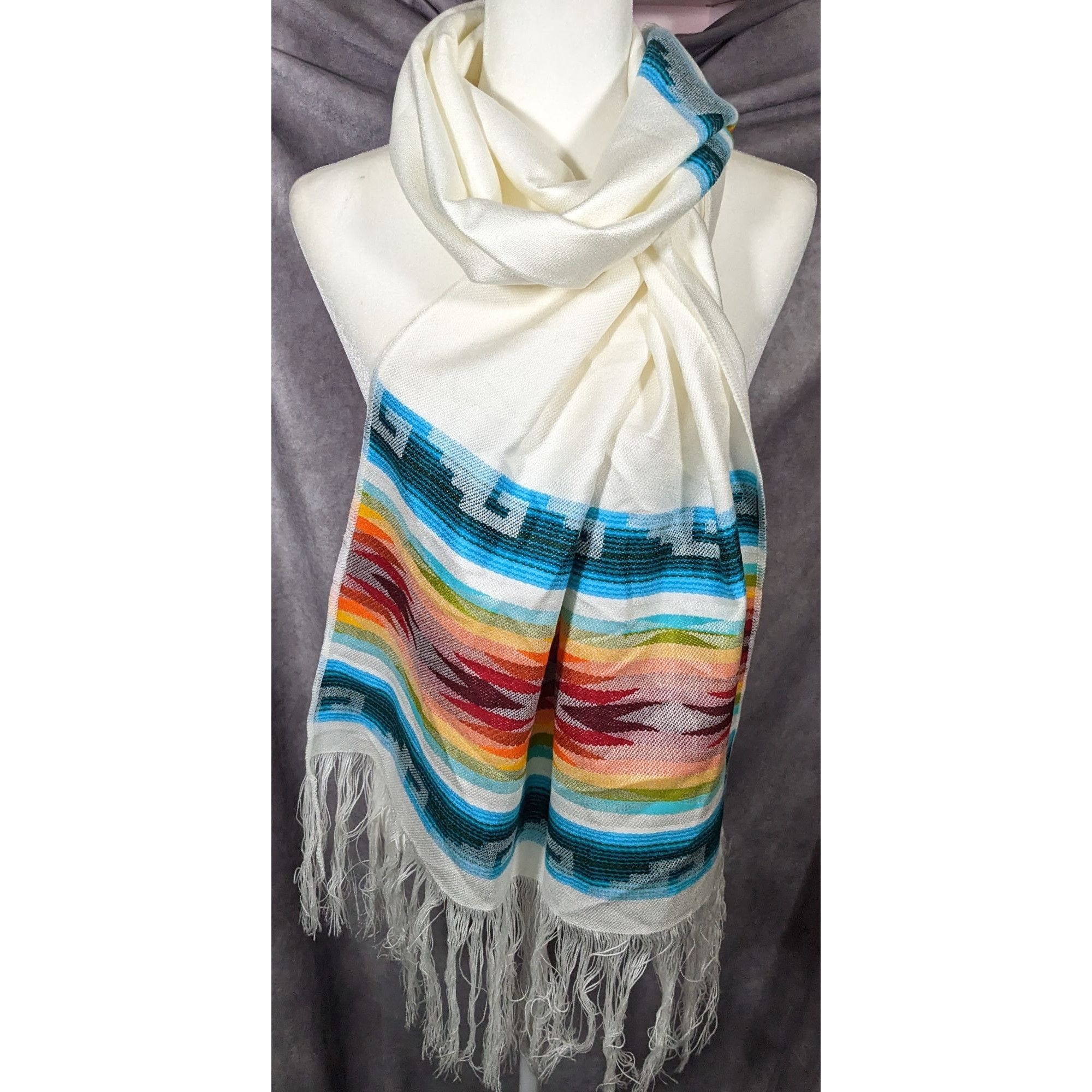 Other Handwoven Southwestern White And Rainbow Scarf With Fringe Size ONE SIZE - 7 Thumbnail