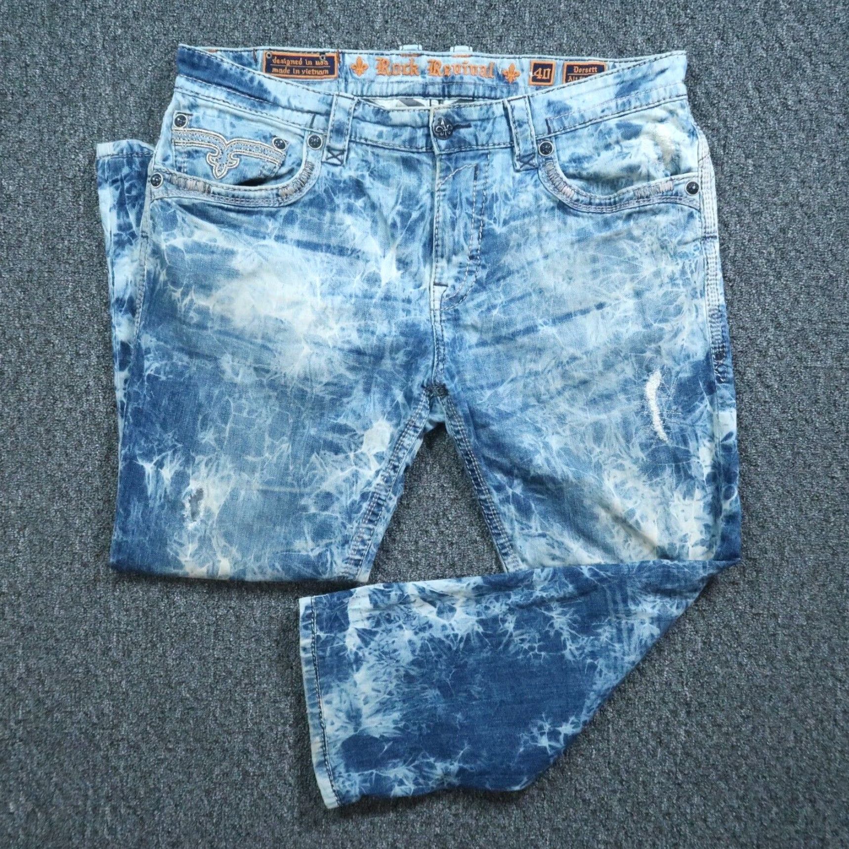 Vintage Rock Revival Jeans Men 40x28 Blue Dorsett Alt Straight Acid Wash Distressed Size US 40 / EU 56 - 2 Thumbnail