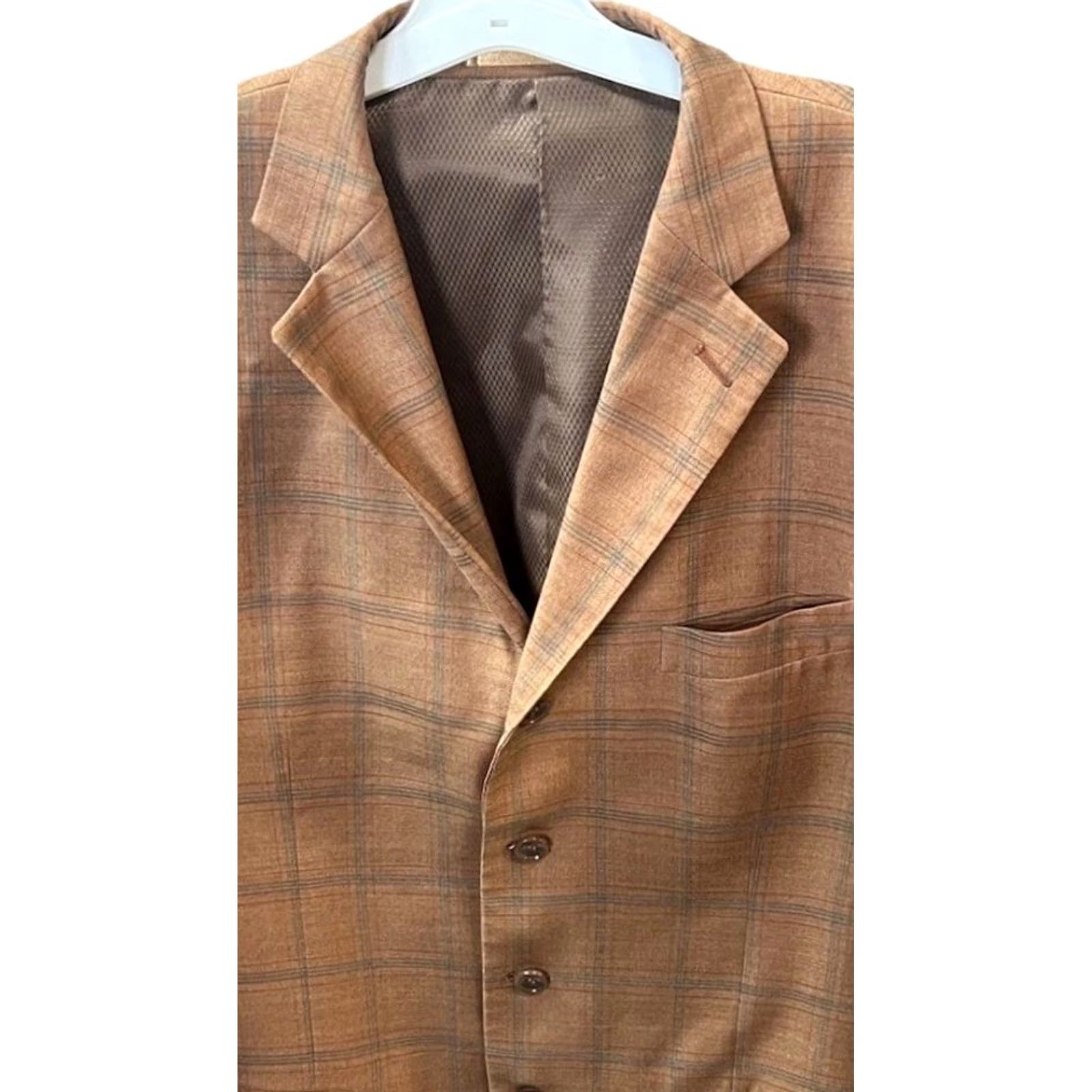 Santoni Mantoni Super 140's Wool Blazer Mens 42L Rust Color Milan Italy Check Pattern Size 42R - 3 Thumbnail