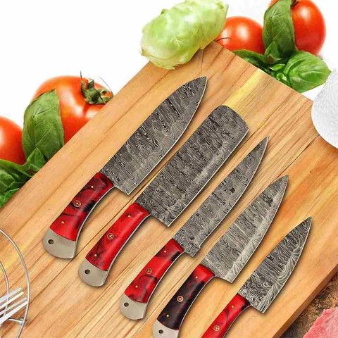 Other Damascus Kitchen Knife Set of 5 with Resin Red Handles Size ONE SIZE - 7 Thumbnail