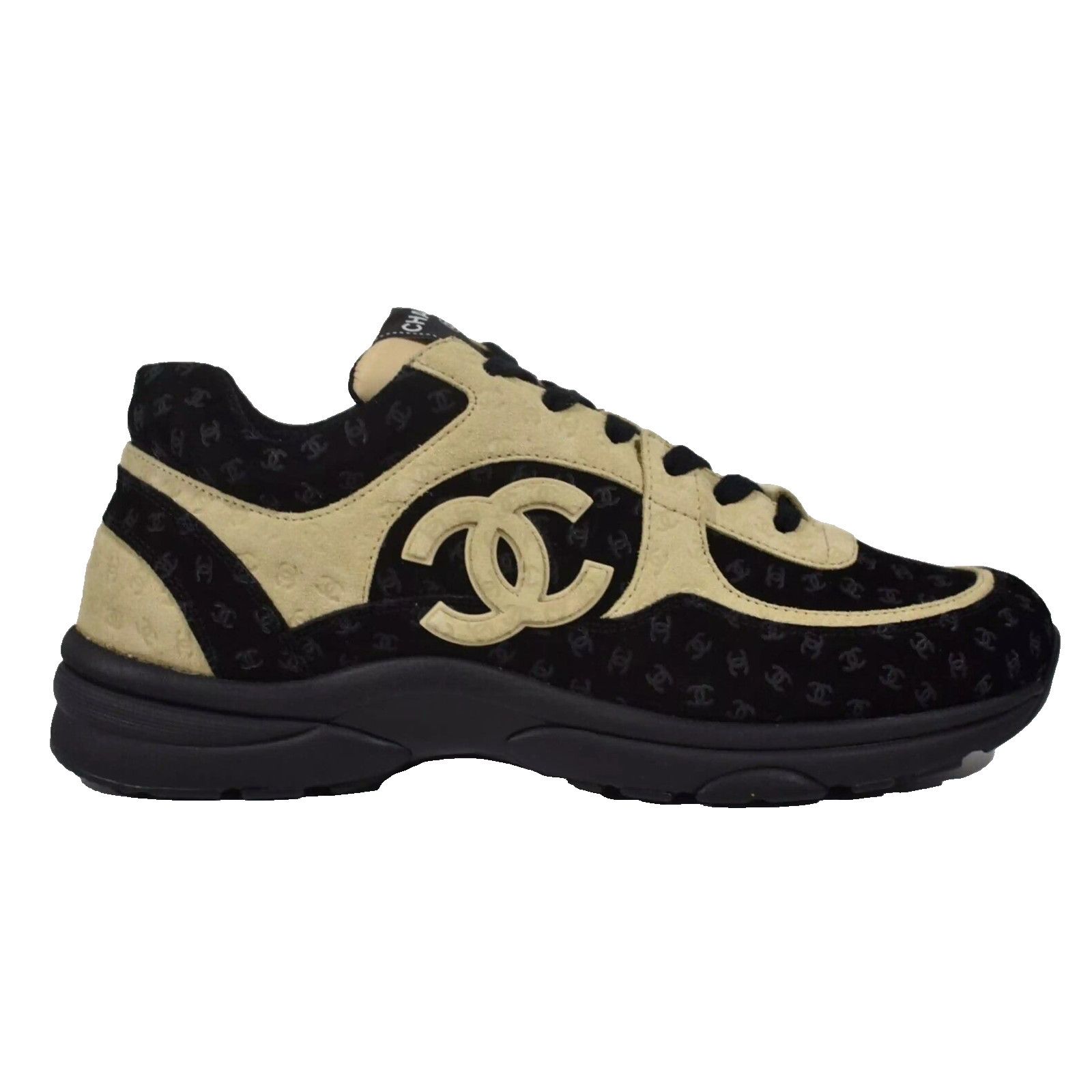 Chanel 22A Mens Black Beige Suede CC Logo Low Top Sneaker 11