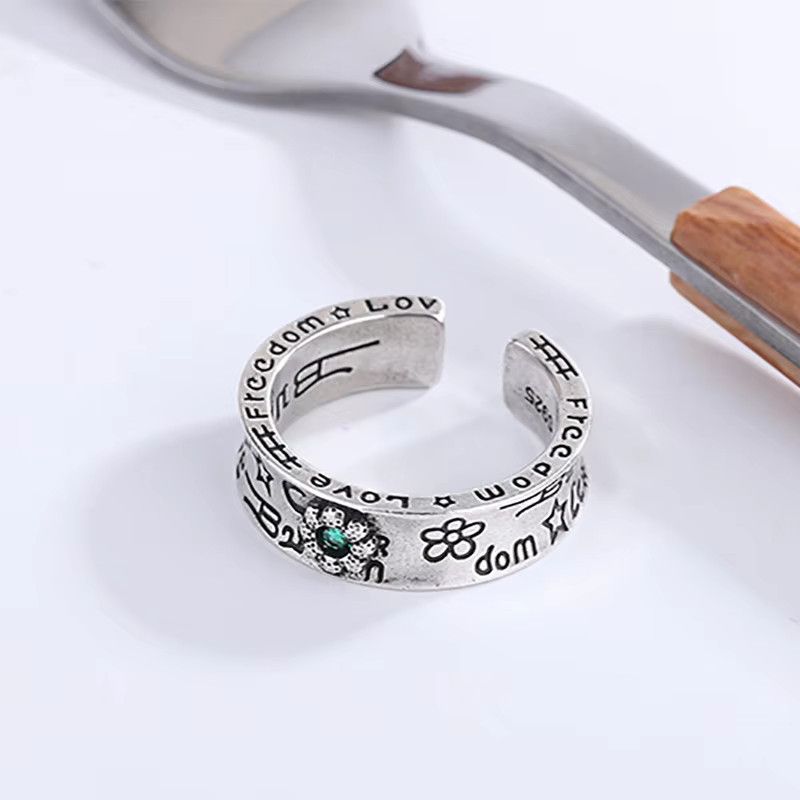 Jewelry Green Zircon Flower Graffiti Cuff Rings Size ONE SIZE - 4 Thumbnail
