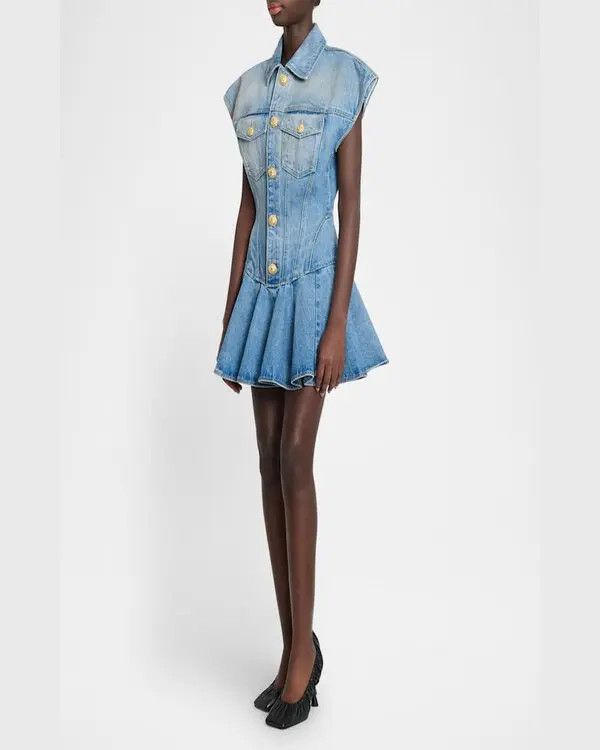 Balmain o1s1wg111025 Denim Mini Dress in Light Blue Size M / US 6-8 / IT 42-44 - 4 Thumbnail
