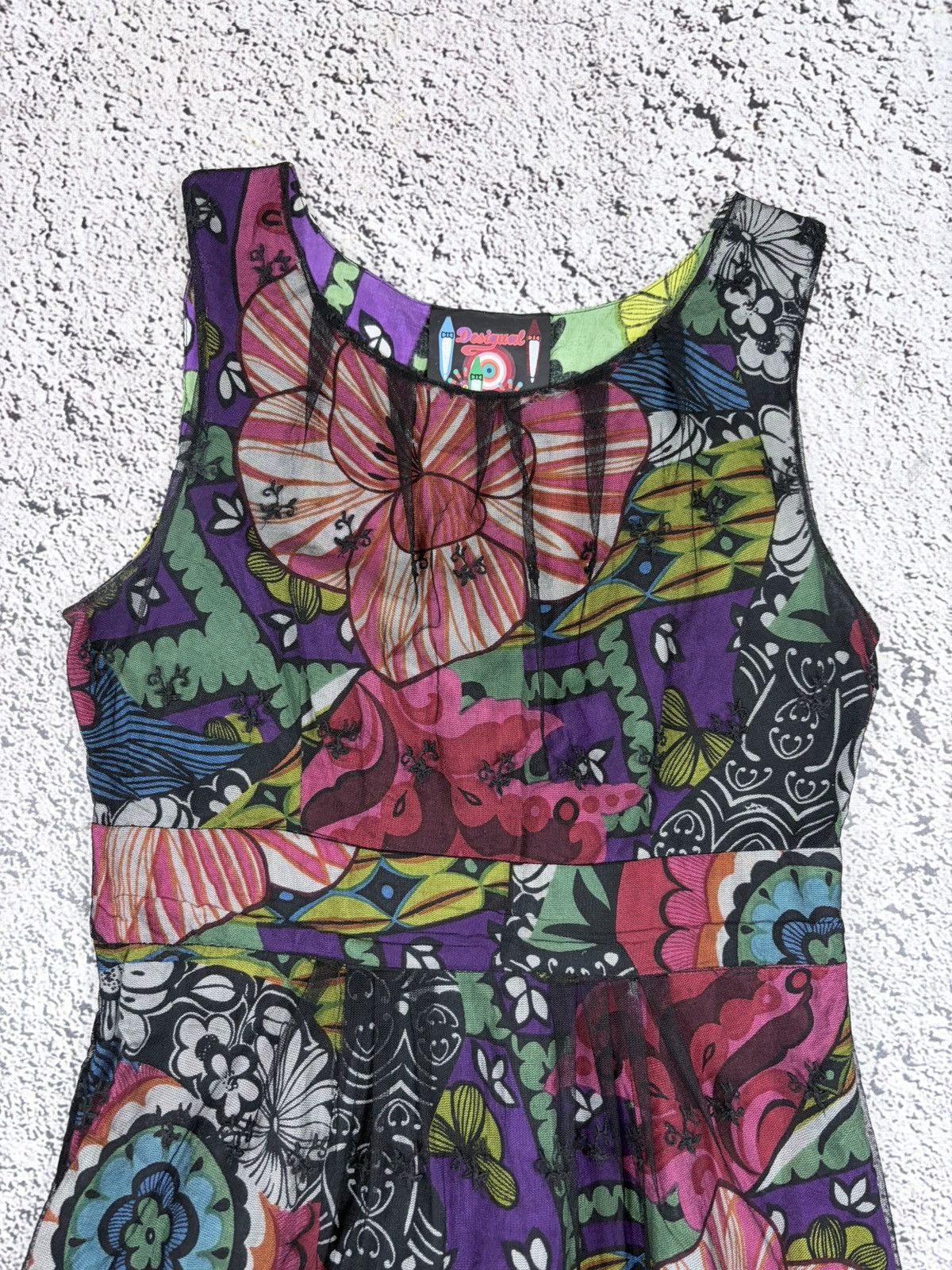 Jean Paul Gaultier Desigual Vintage Y2K Floral Mesh Lace Boho Mini Dress Size S / US 4 / IT 40 - 4 Thumbnail
