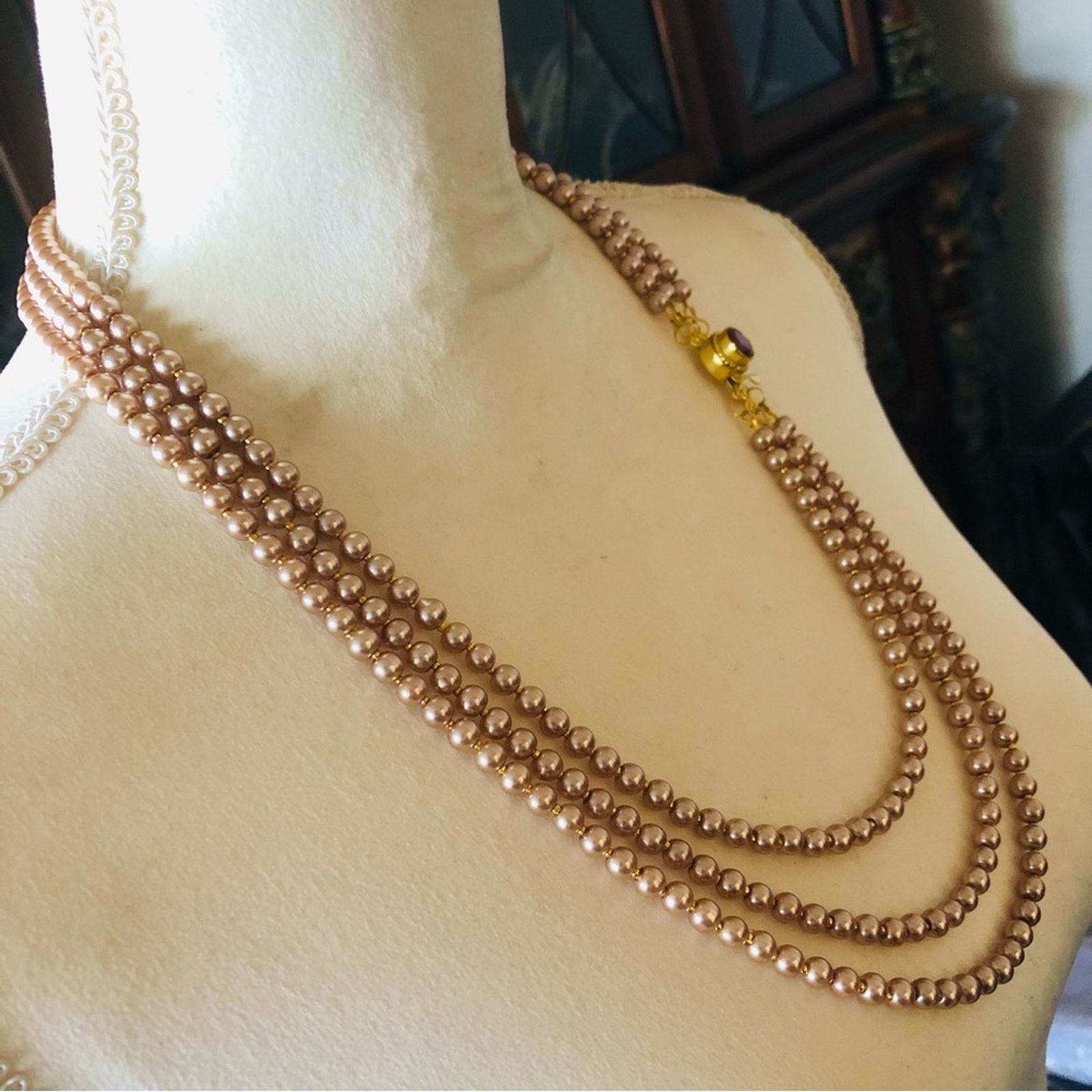 Handmade Handcrafted triple strand tan pearl genuine ruby necklac Size ONE SIZE - 3 Thumbnail