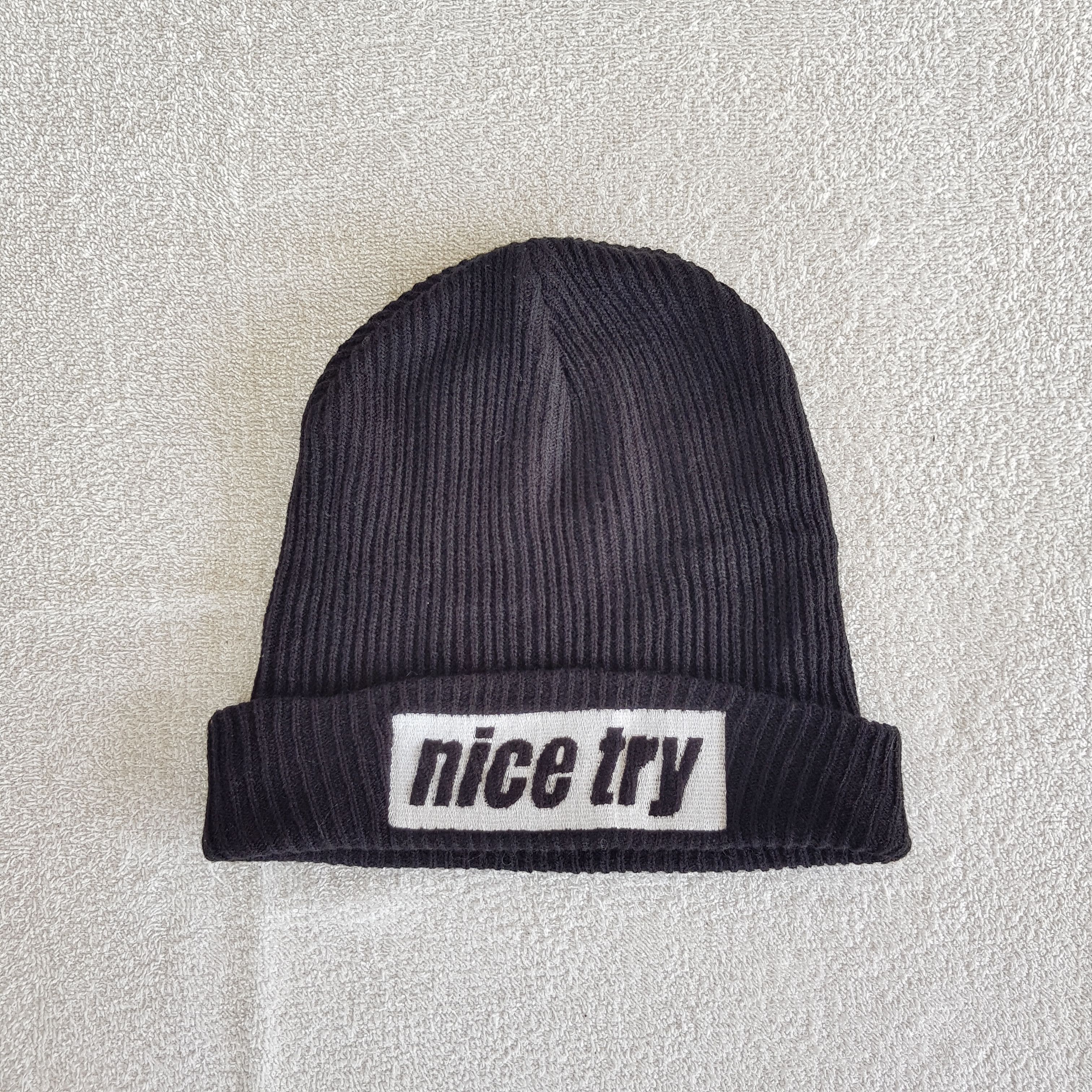 Vintage Nice Try Beanie Humor Snow Cap Ribbed Knit Crochet Hats. Size ONE SIZE - 4 Thumbnail