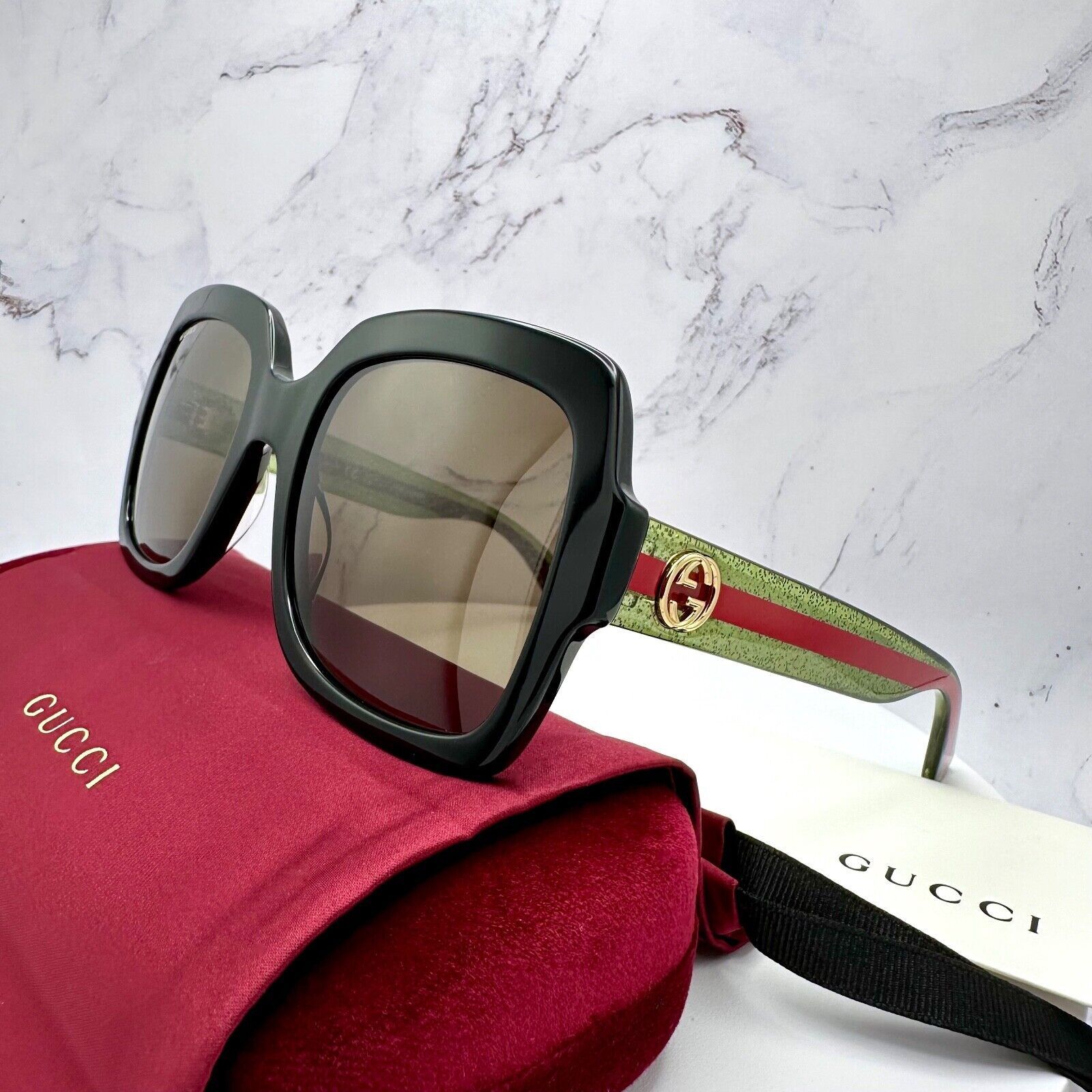 Gucci New Gucci Sunglasses Black Square Red Green Web Arms Gold Size ONE SIZE - 8 Thumbnail