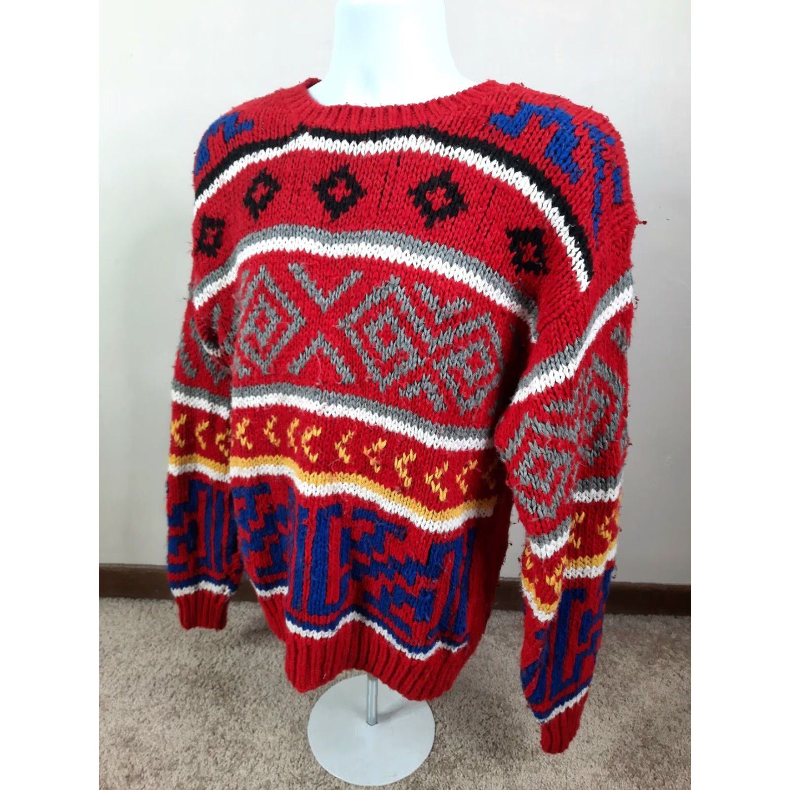 Incu VTG Inc. Men’s Crewneck Pullover Sweater Red Fair Isle 80s Knit S5 Medium (M) Vintage Size US M / EU 48-50 / 2 - 6 Thumbnail