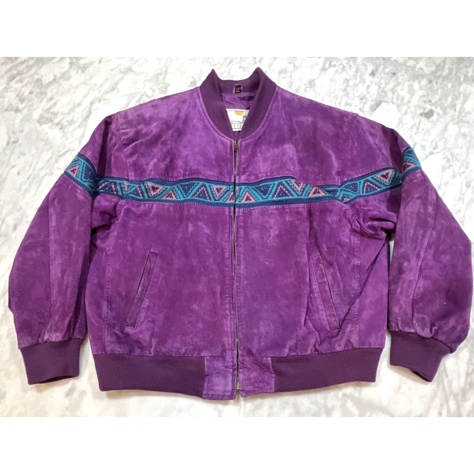 Vintage VINTAGE Mesa Ridge Purple Suede Leather Jacket L Aztec Geometric Stripe Zip Up Women Bomber Jacket Size L / US 10 / IT 46 - 2 Thumbnail