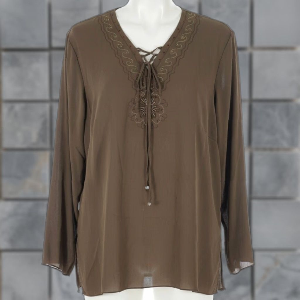 Vintage Bianca Blouse Tunic Women Brown Long Sleeve V-Neck Bohemian 18 Plus Size XXL / US 16-18 / IT 52-54 - 1 Thumbnail