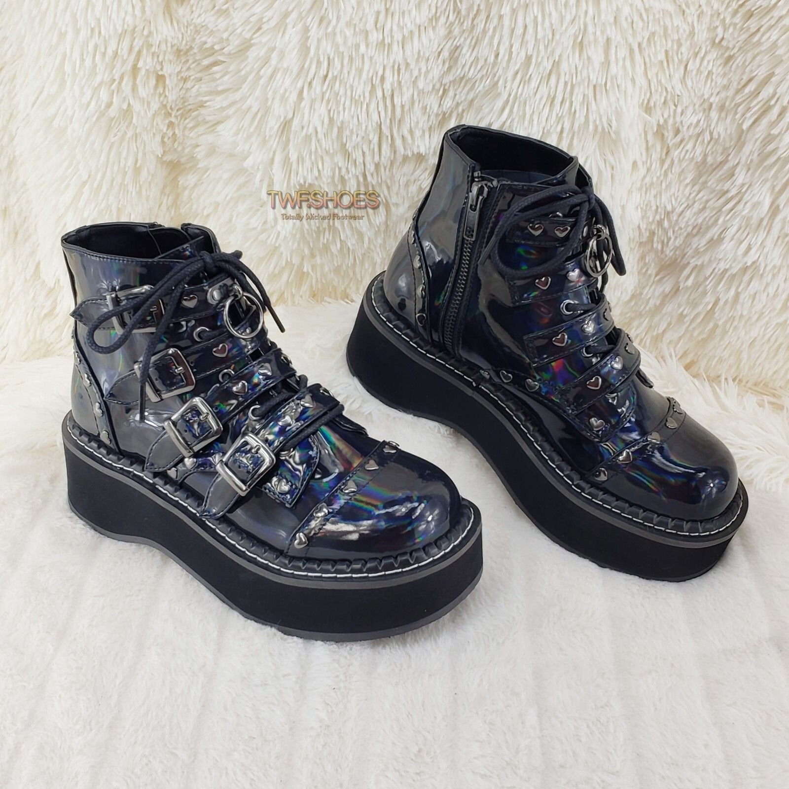 Demonia Cult DEMONIA Emily 315 Black Holo Patent Heart Stud Platform Ankl Size US 6 / IT 36 - 1 Thumbnail