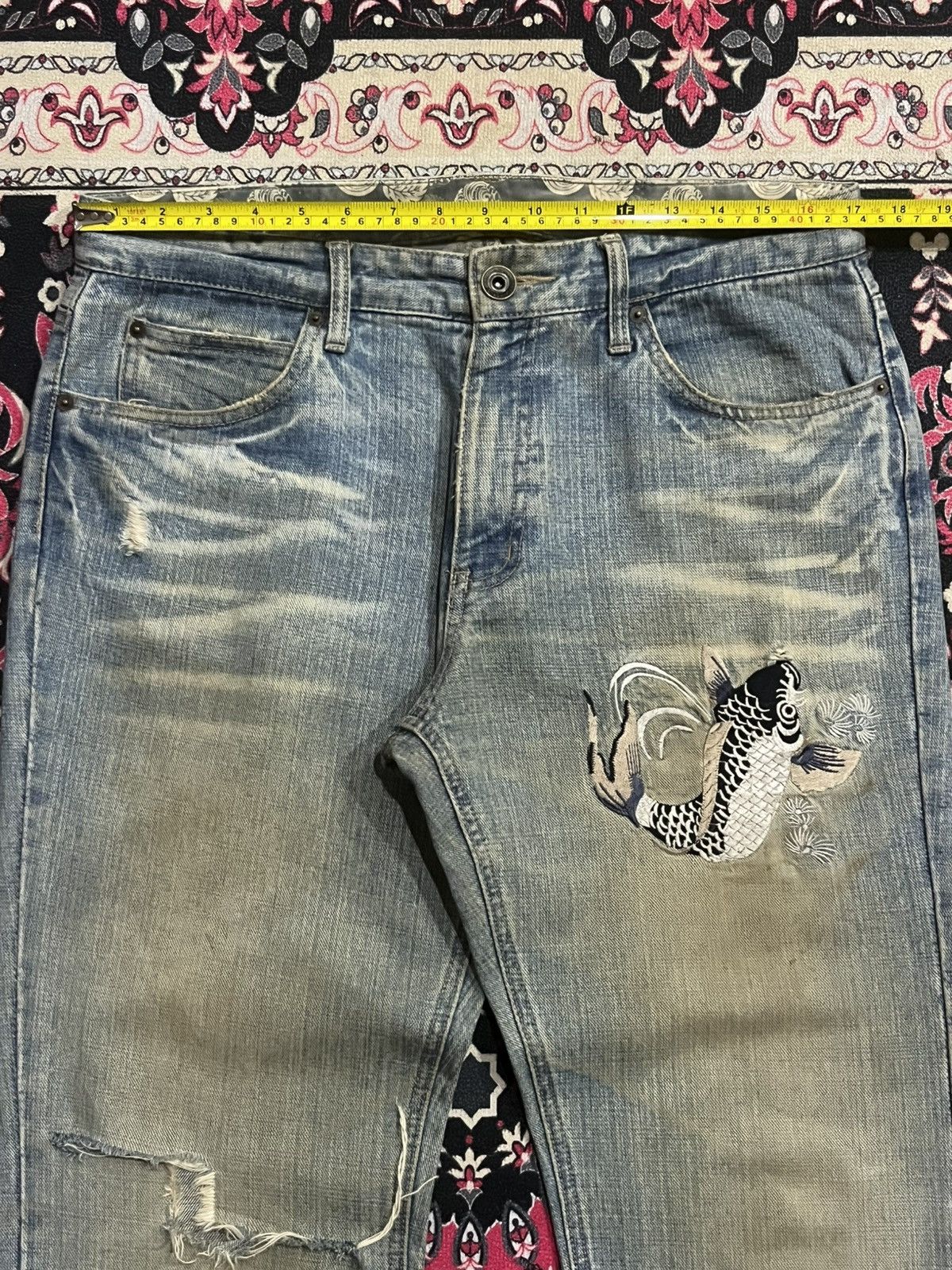 Karakuri Tamashii ⚡️Distressed⚡️Vintage Japanese Fish Koi Embroidery Mud Jeans Size US 34 / EU 50 - 12 Thumbnail