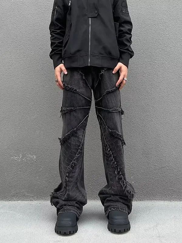 Japanese Brand Retro loose straight leg patchwork fringed jeans Size US 30 / EU 46 - 3 Thumbnail