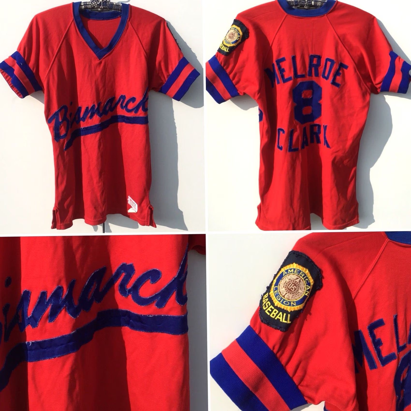 Clarks VINTAGE HARV-AL American Legion Baseball Shirt Jersey 40 Red Short Sleeve V Neck Mens Size US L / EU 52-54 / 3 - 6 Thumbnail